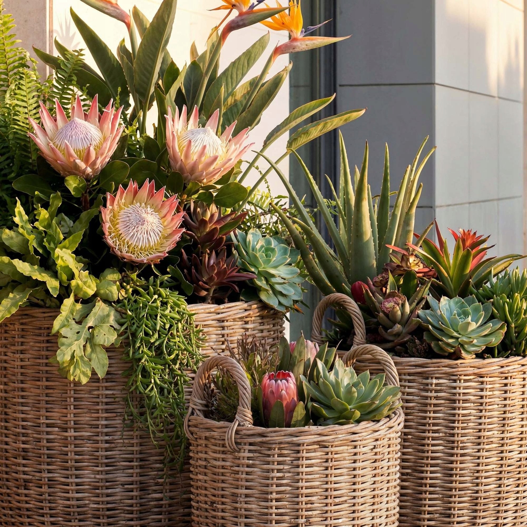 Technorattan Pot Covers Set of 3 Rattan Baskets Boho Balcony Terrace Product height 47 cm