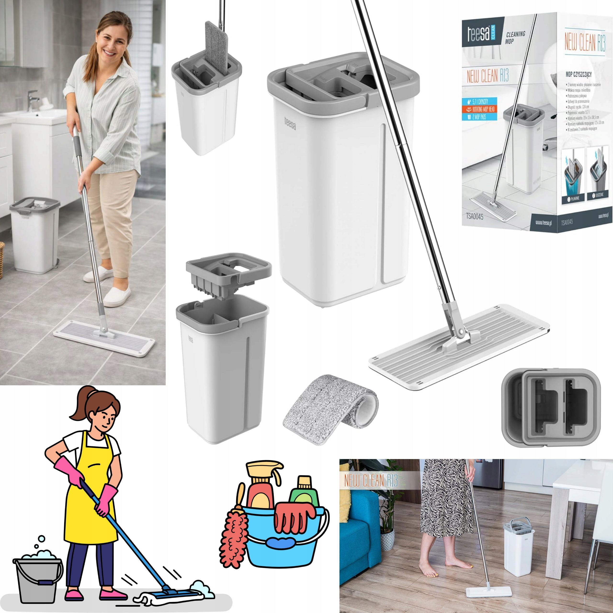 Teesa New Clean R13 Flat Mop with Bucket 5,7l – Clean Hands and Floors