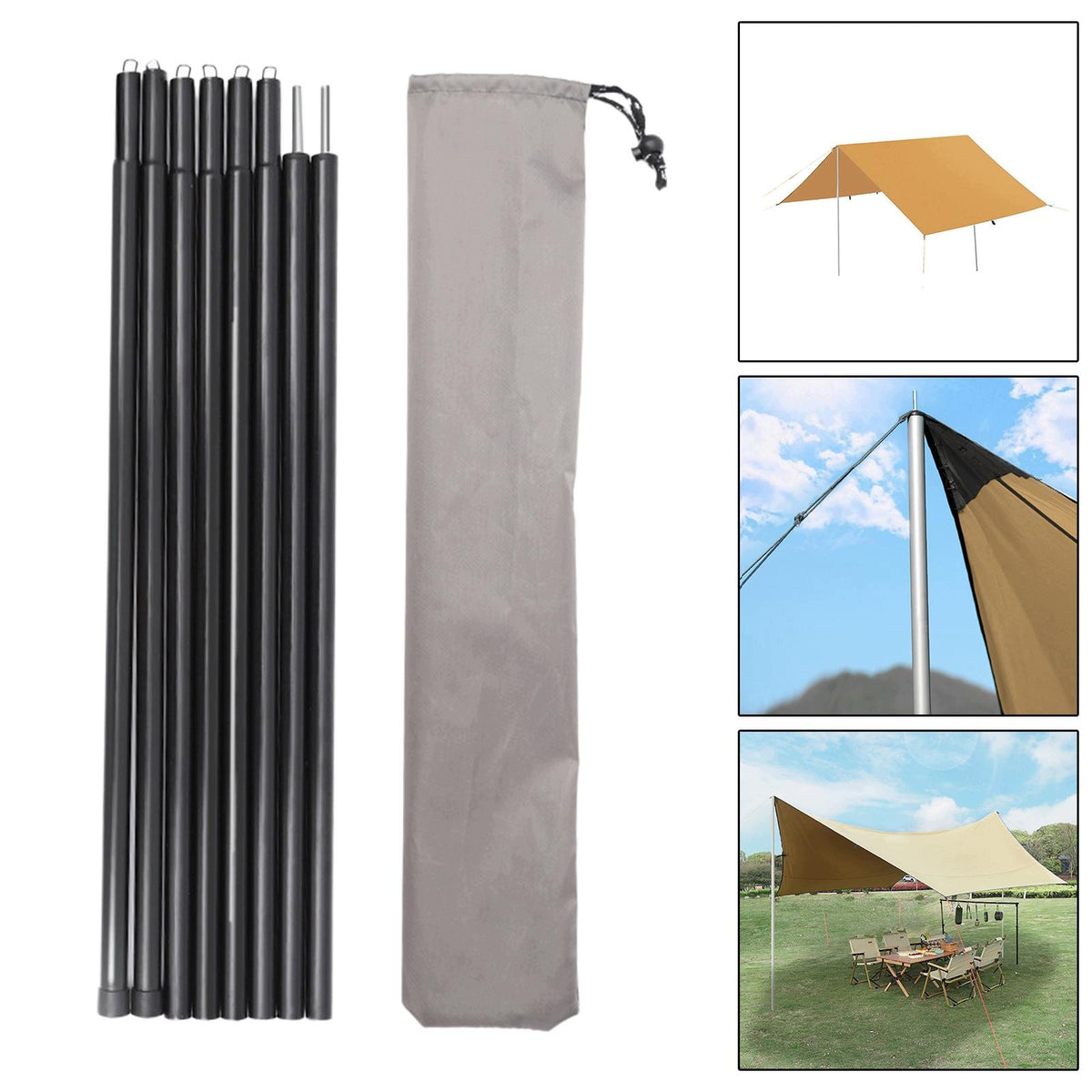 Telescopic Tarp Poles Lightweight Iron Adjustable Tent Rods Outdoor Black
