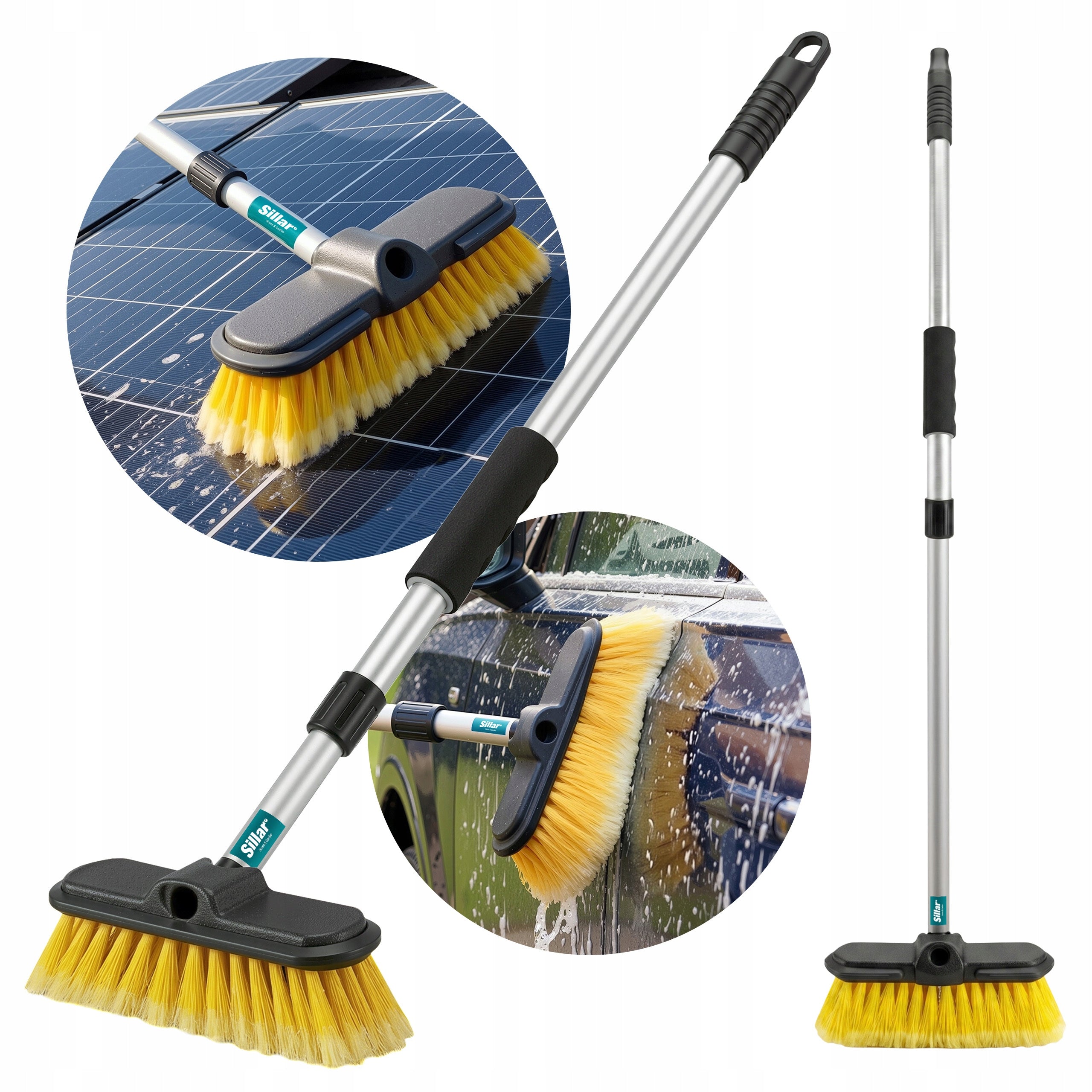 Telescopic brush for washing car roof photovoltaic panels