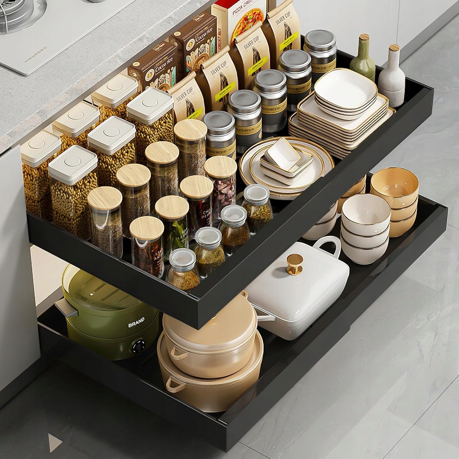 Telescopic pull-out drawer for kitchen, adjustable 42x32-52x7cm - BLACK Product width 30 cm