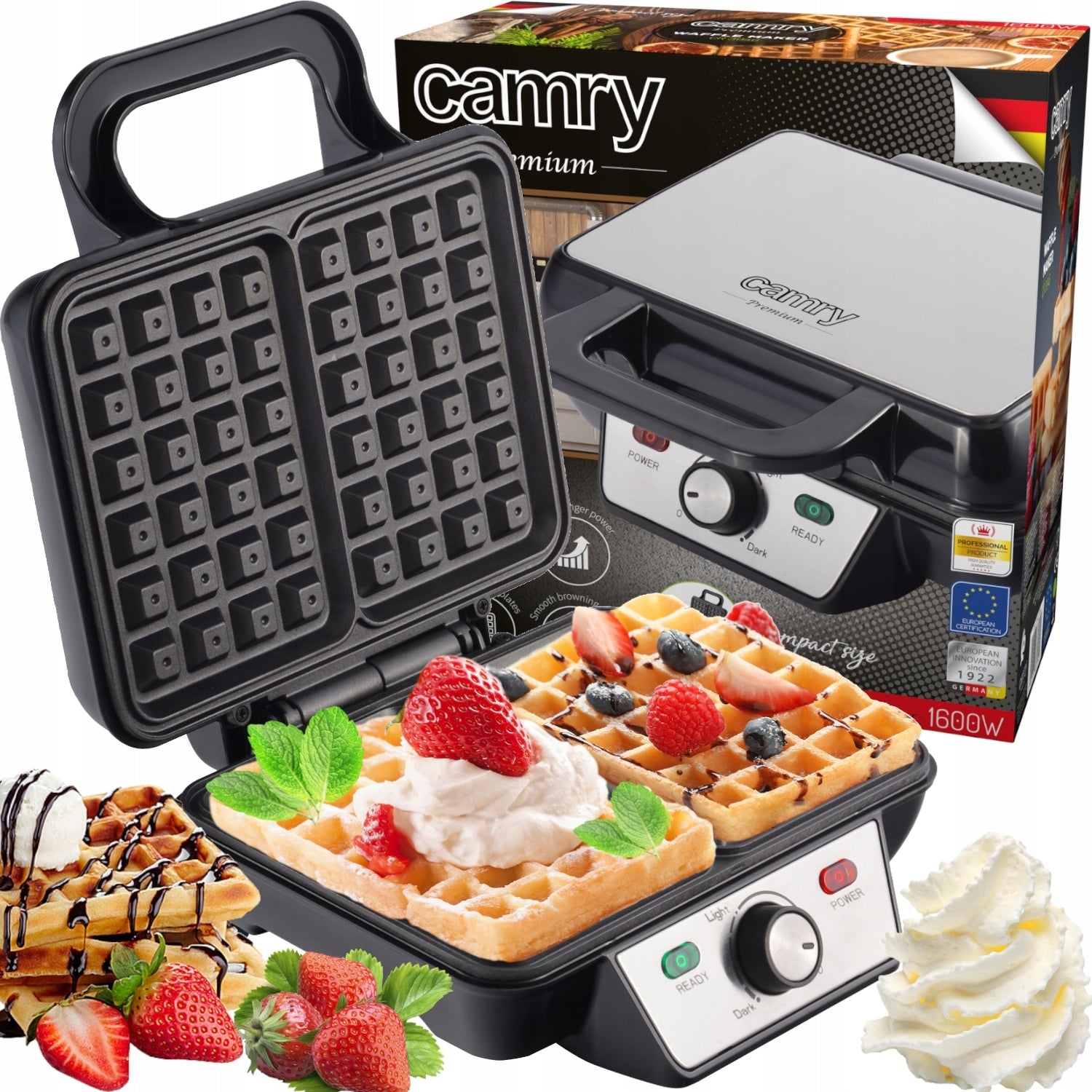 Temperature Adjustable Waffle Iron 1600W 2 Waffles Nonstick Compact