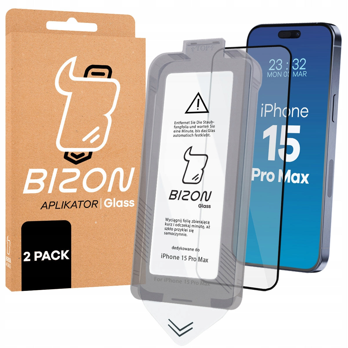 Tempered glass for iPhone 15 Pro Max, Bizon, fast with applicator, 2 pieces