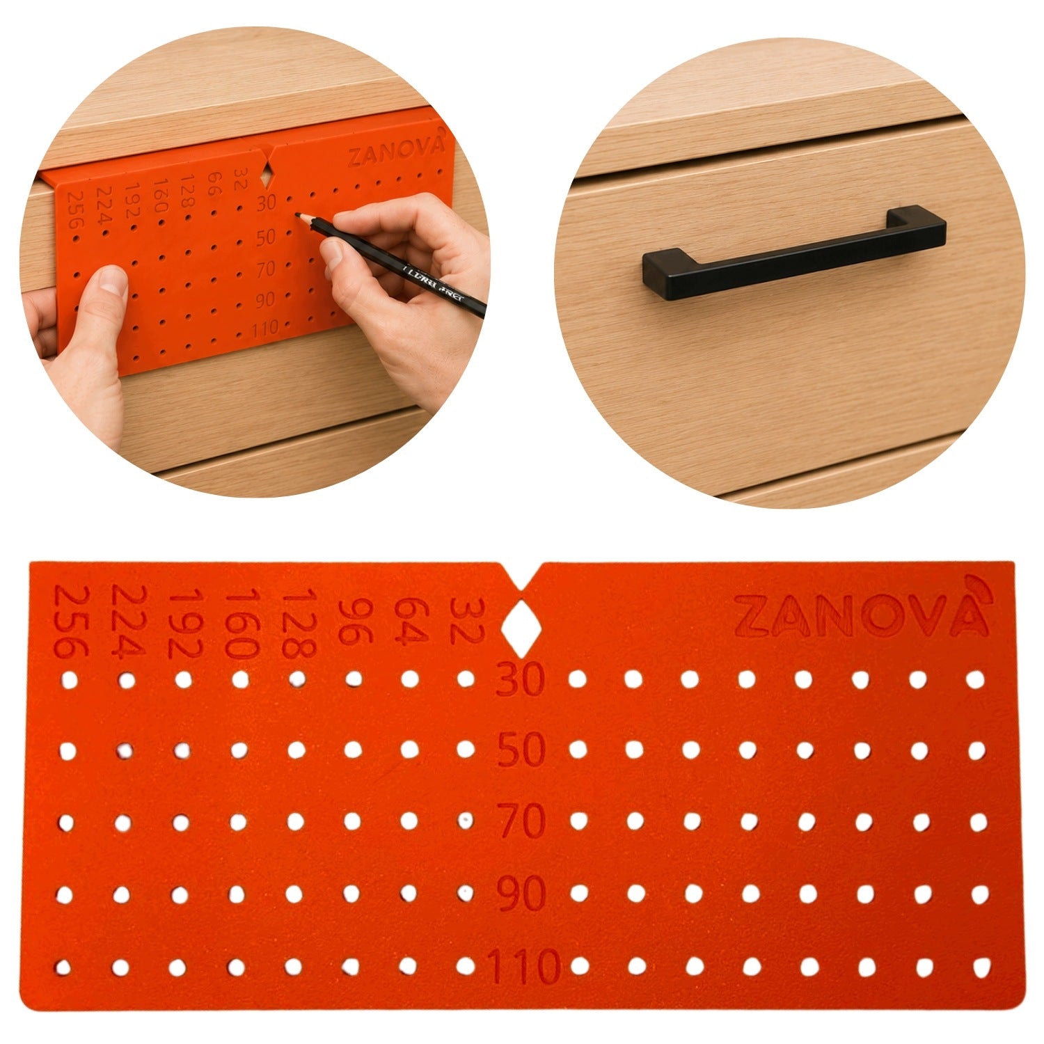 Template for drilling holes for furniture handles spacing up to 256mm template