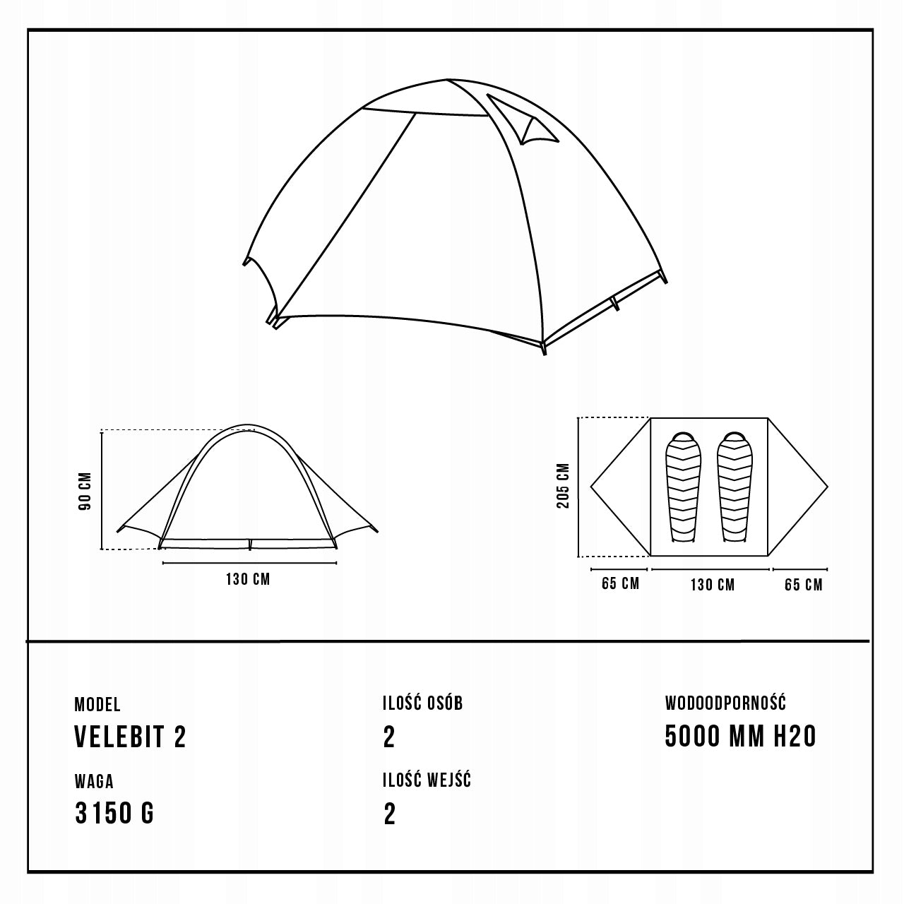 Tent 2os Velebit 2 light 3,15kg 2 entrances 2 vestibules 5000mm Model VELEBIT 2