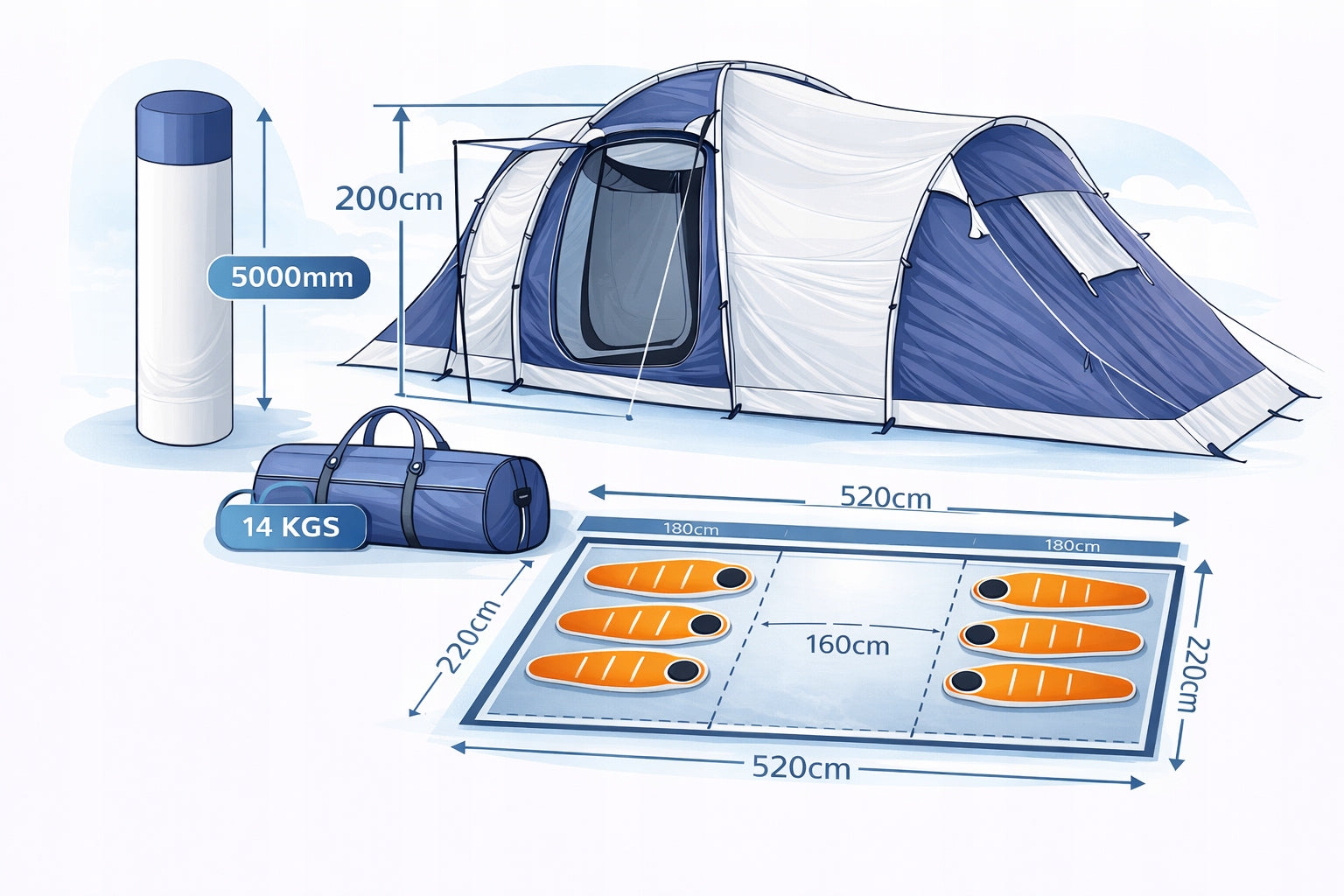 Tent VIBRA CAMPING HAVANA XXL 4 persons 5000mm integrated floor Color blue