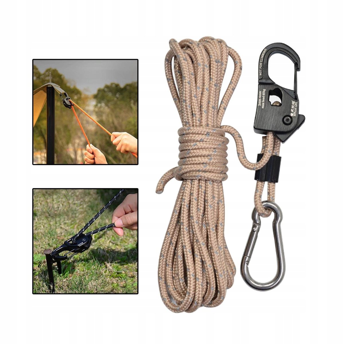 Tent Wind Rope Adjustable Pulley Ratchet Rope Hanger with Self Khaki