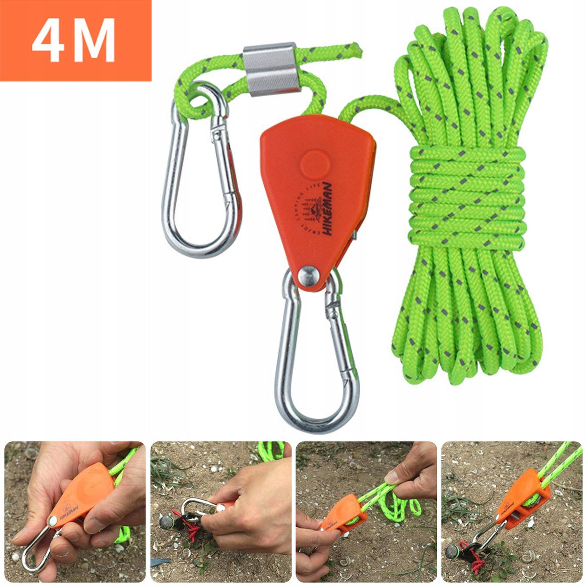 Tent Wind Rope Pulley Ratchet Reflective Grow Pulley 4mm 4m Light Green