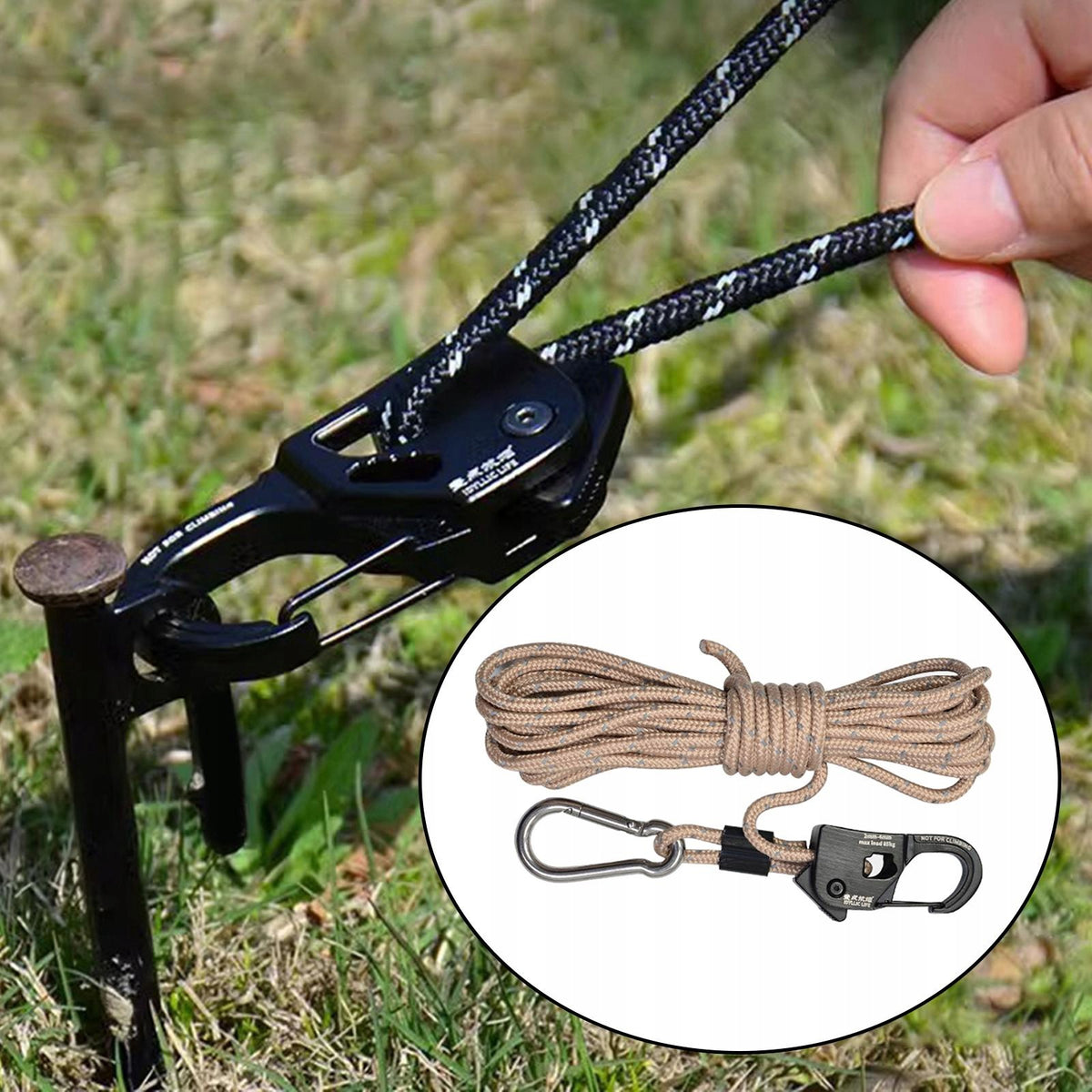 Tent Wind Rope Pulley Ratchet Rope Hanger Featuring Self Locking Khaki