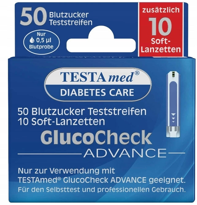 TestaMed GlucoCheck Advance Test Strips 50 Pack + 10 lancets Medical device no