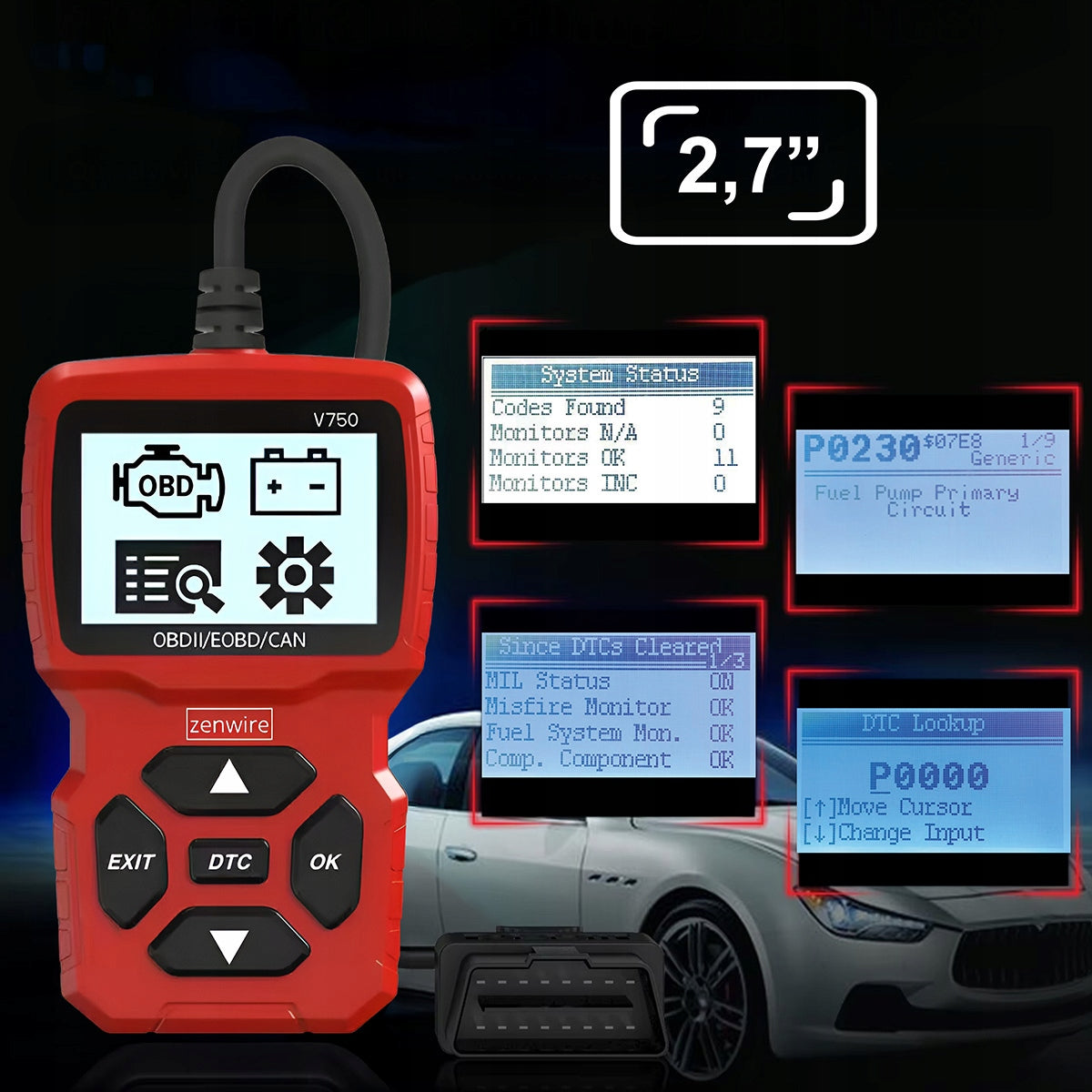 Tester Interface Scanner Computer Diagnostic Display OBD2 CAN VIN BMW Brand Zenwire