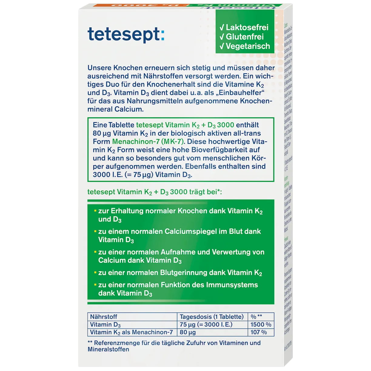 Tetesept Vitamin K2 + D3 3000, 30 tablets Manufacturer code 4008491122047