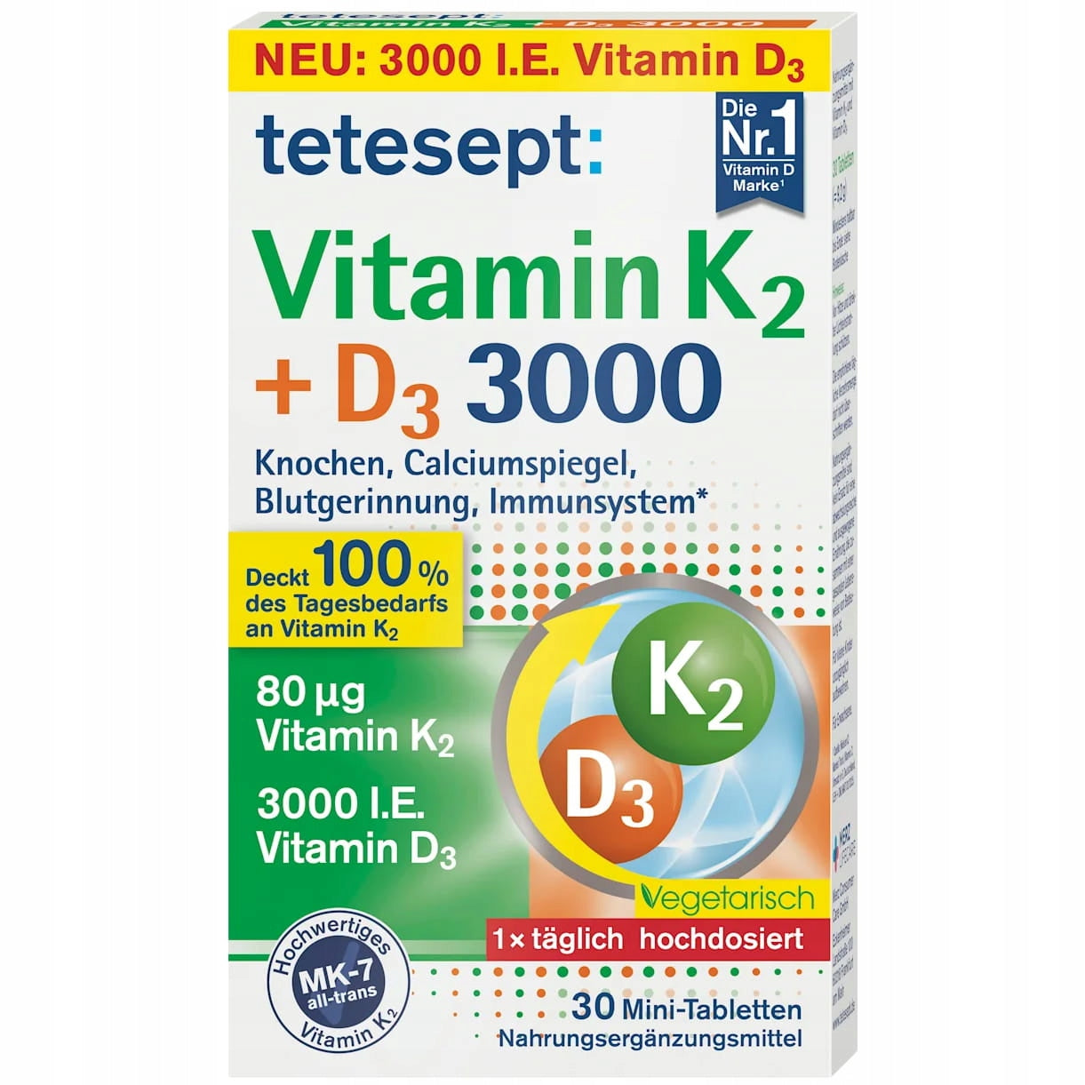 Tetesept Vitamin K2 + D3 3000, 30 tablets