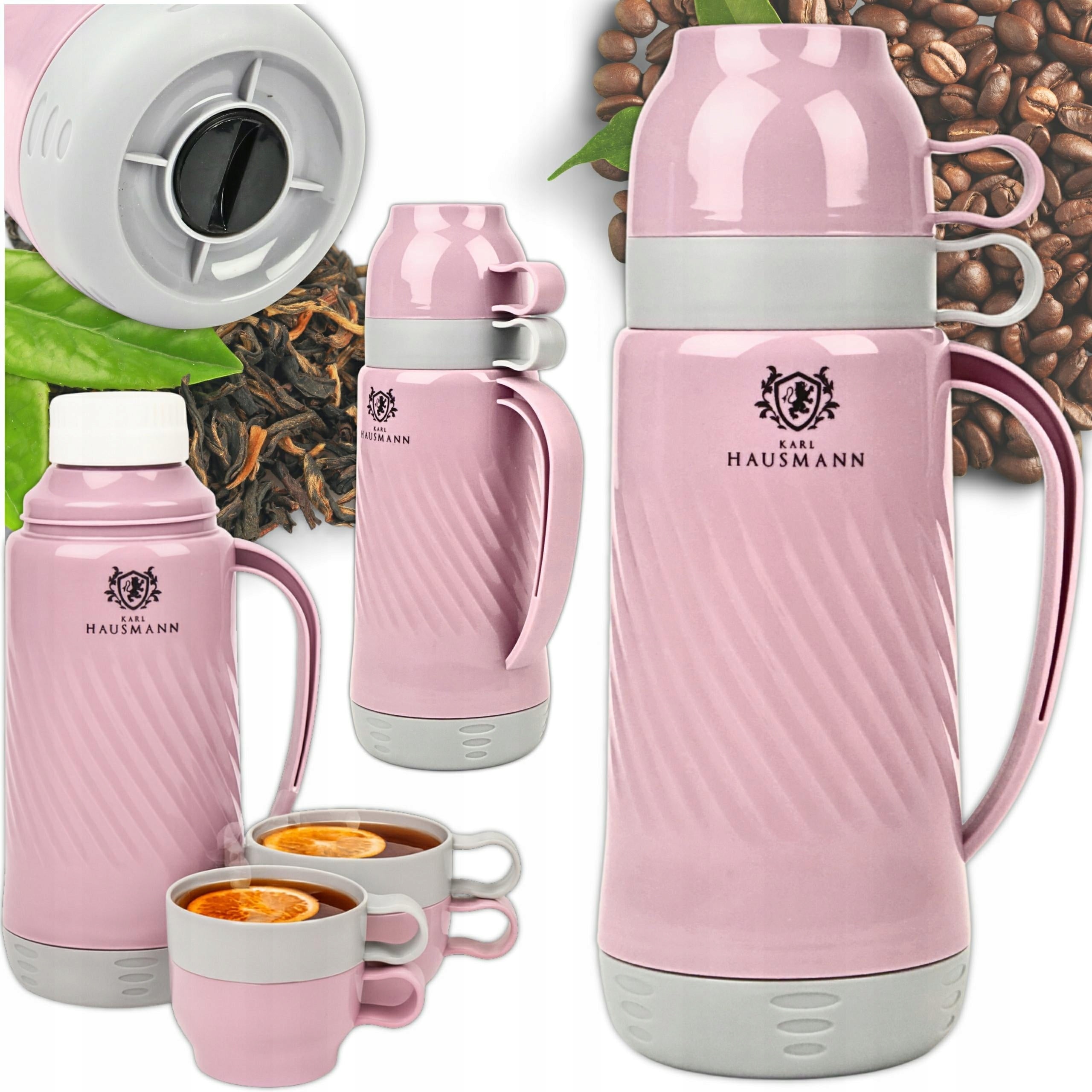 Thermos with glass insert 1l pink with 2 cups