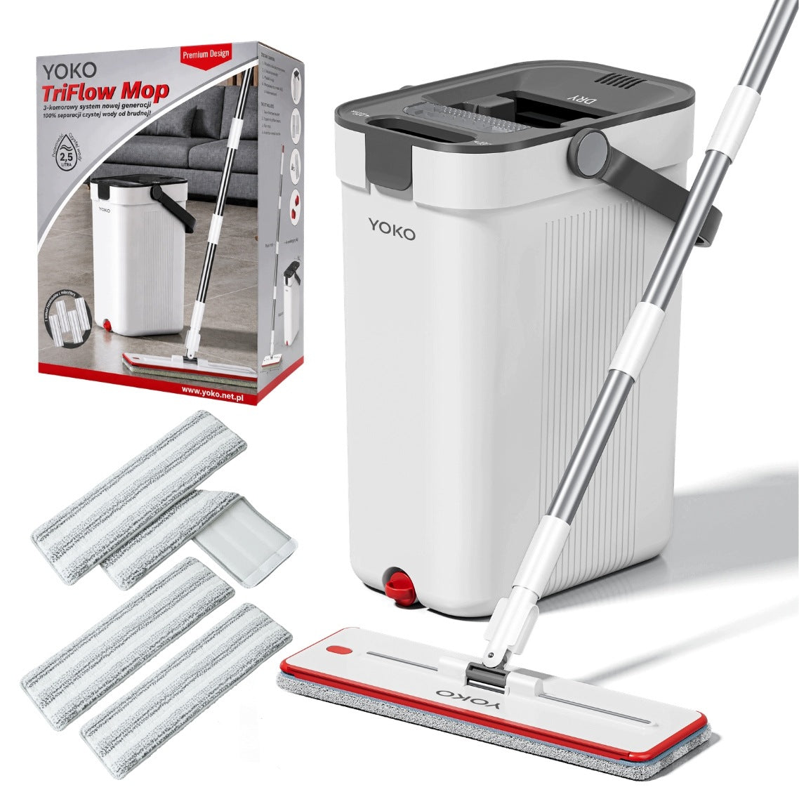 Three Chamber Flat Mop YOKO TriFlow Mop Dirty Water Separation +4 Cartridges