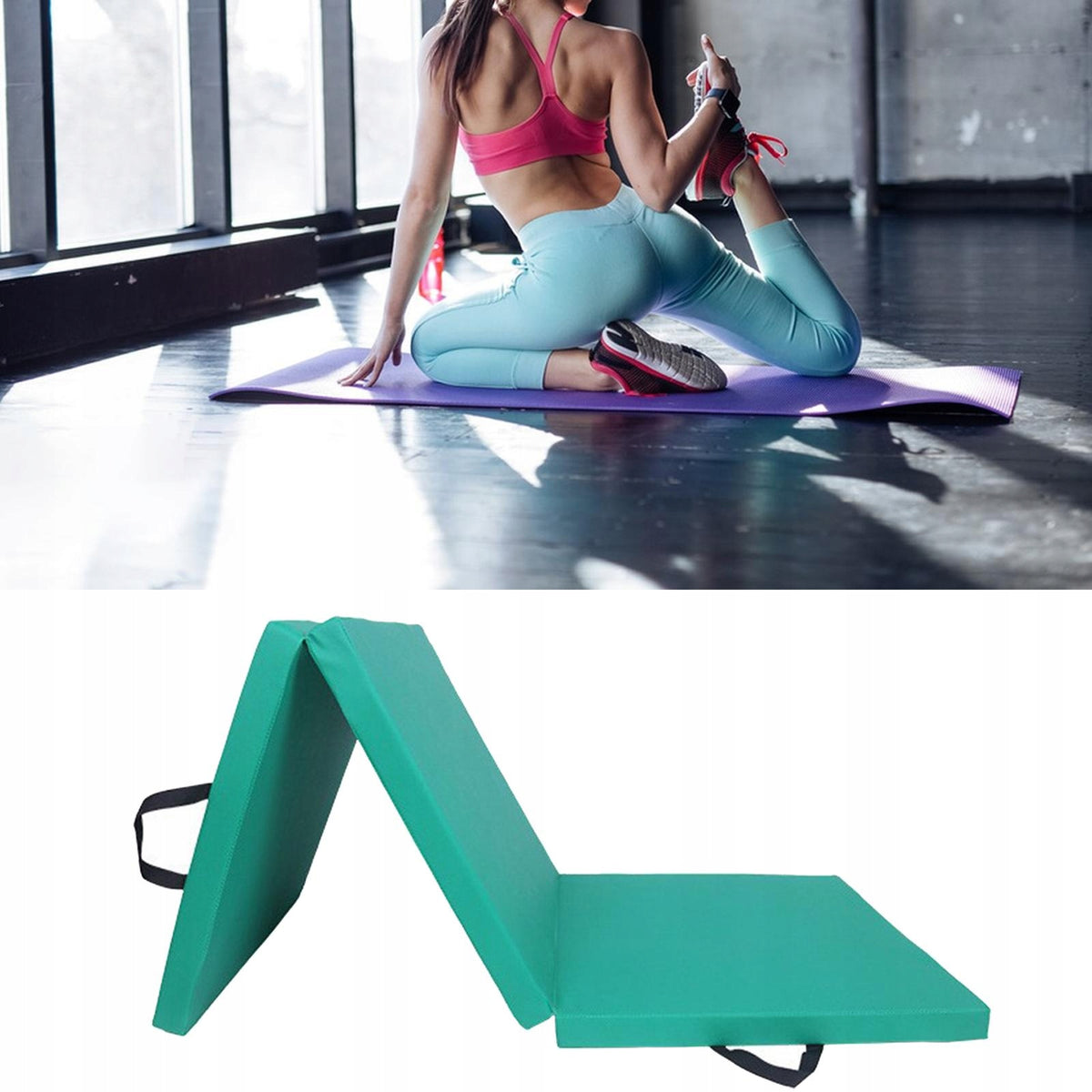 Three Fold Folding Thick Exercise Mat Yoga Mat with Green PU Leather