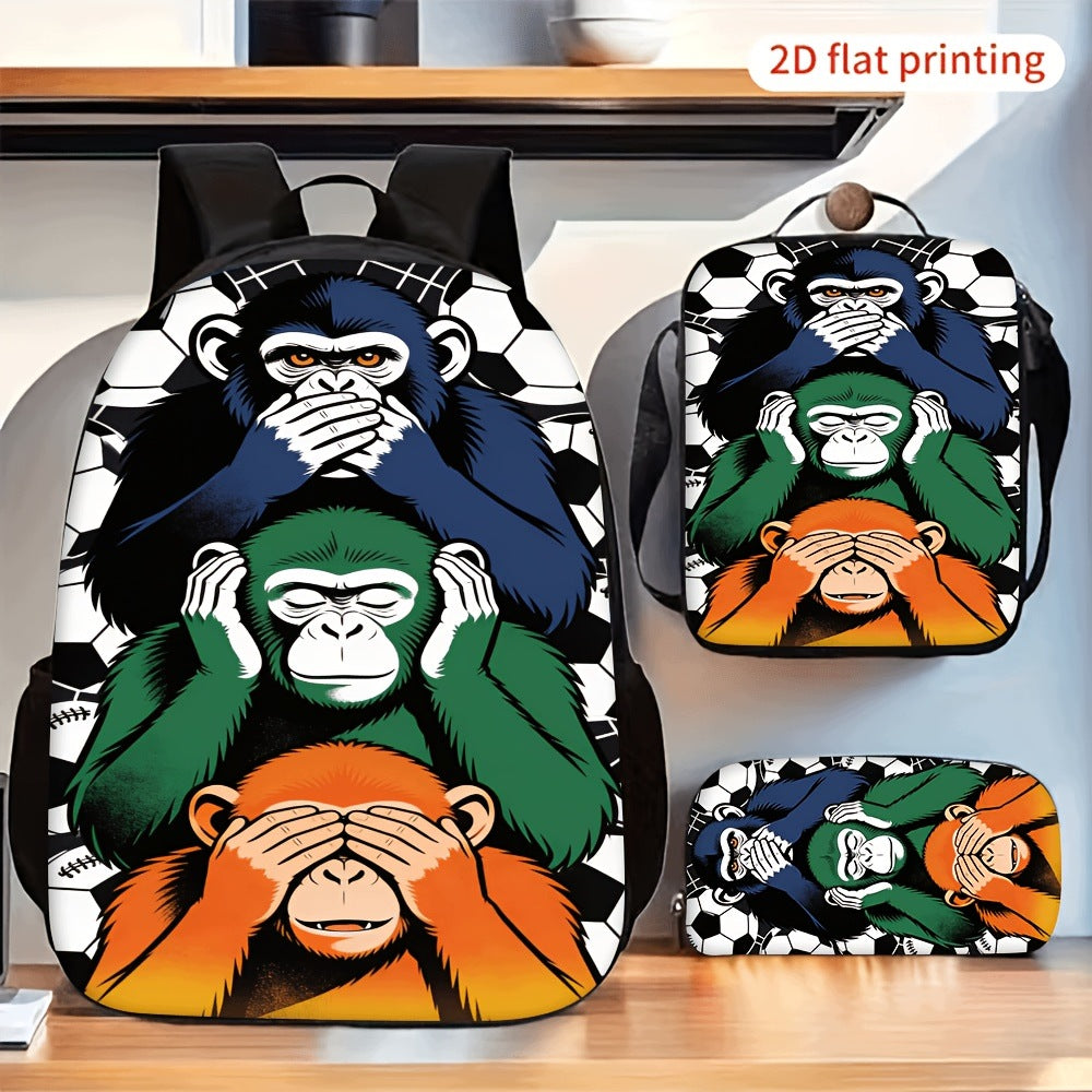 Three Wise Monkeys Football 3-Piece Backpack Set with Crossbody Bag and Pencil Case
