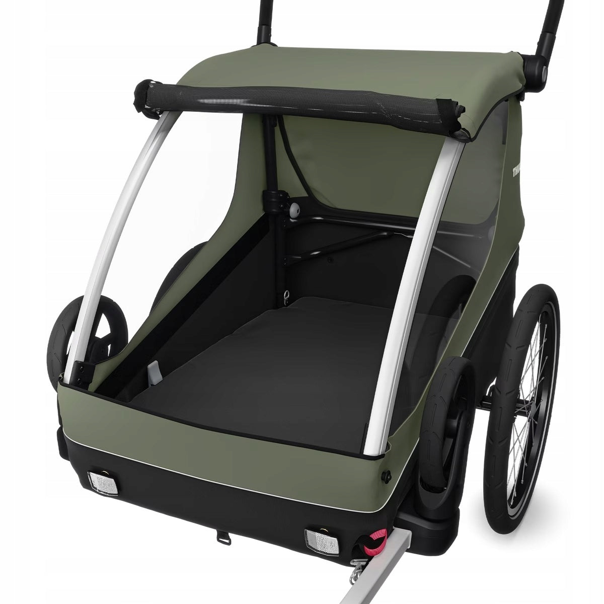 Thule Courier Bike Trailer for Kids and Dog 2in1 Vintage Green Additional features safety flag rain cover stroller front wheel included axle-mounted mosquito net hi-vis reflectors securing straps 5-point harness cargo space adjustable handles foldable trailer design bicycle trailer hook walking set