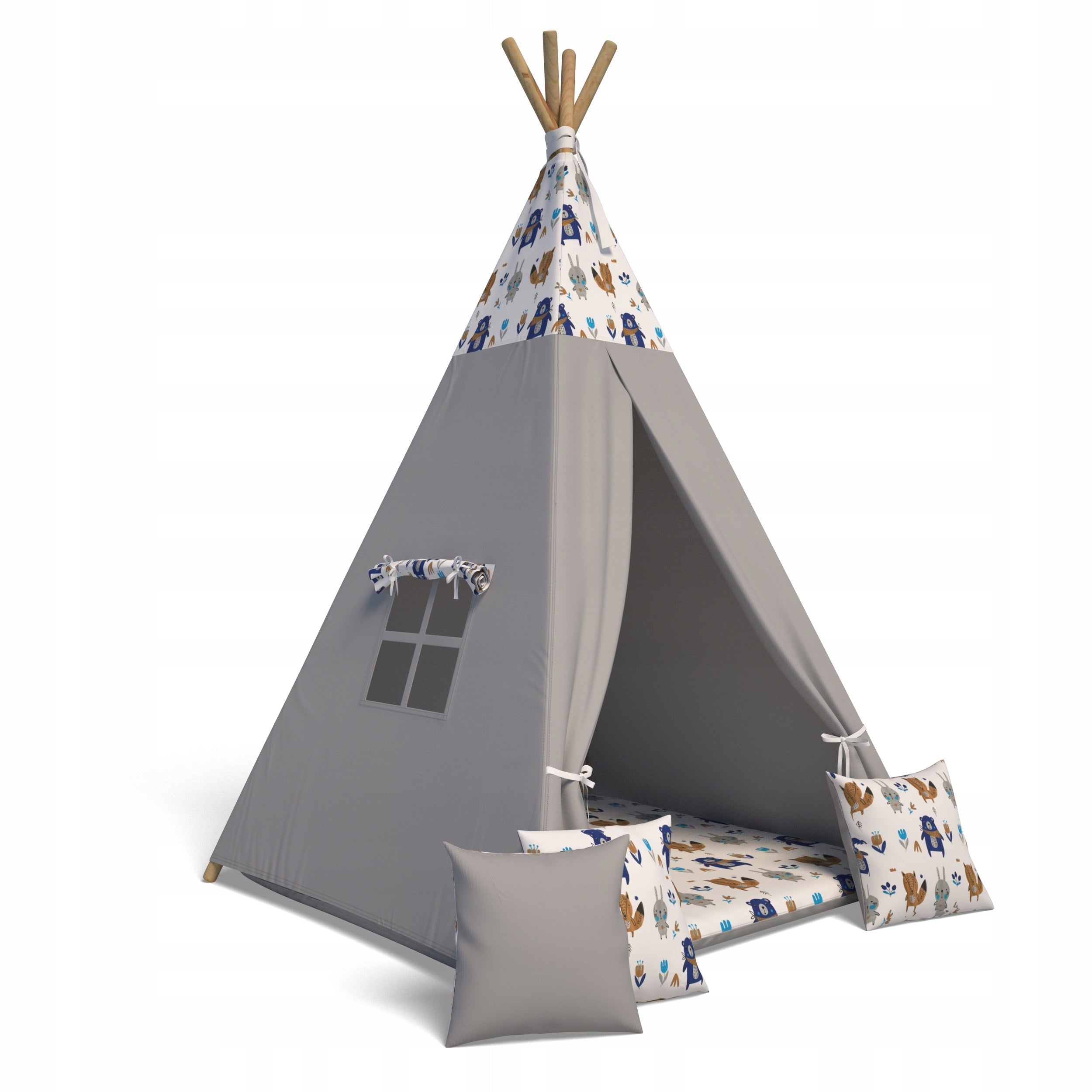 TiPi Wigwam Tent + 3 Pcs Pillow + Mat -Color Grey Friends 6
