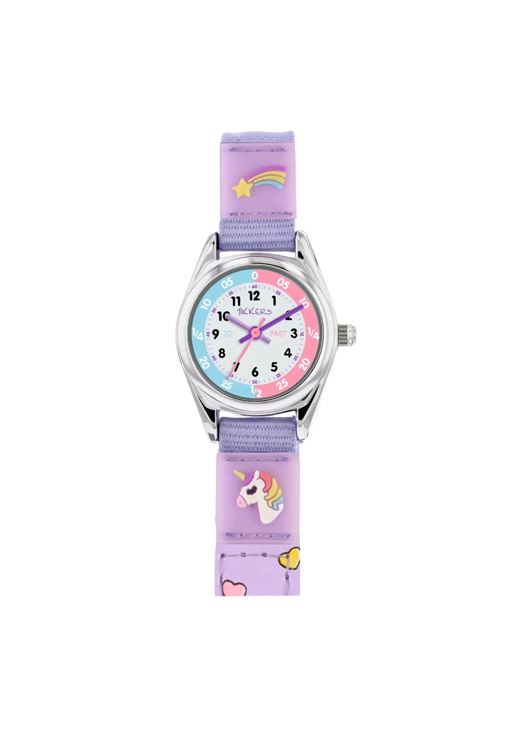 Tikkers Children's Watch Educational Unicorn Purple Velcro Silicone Packaging status original