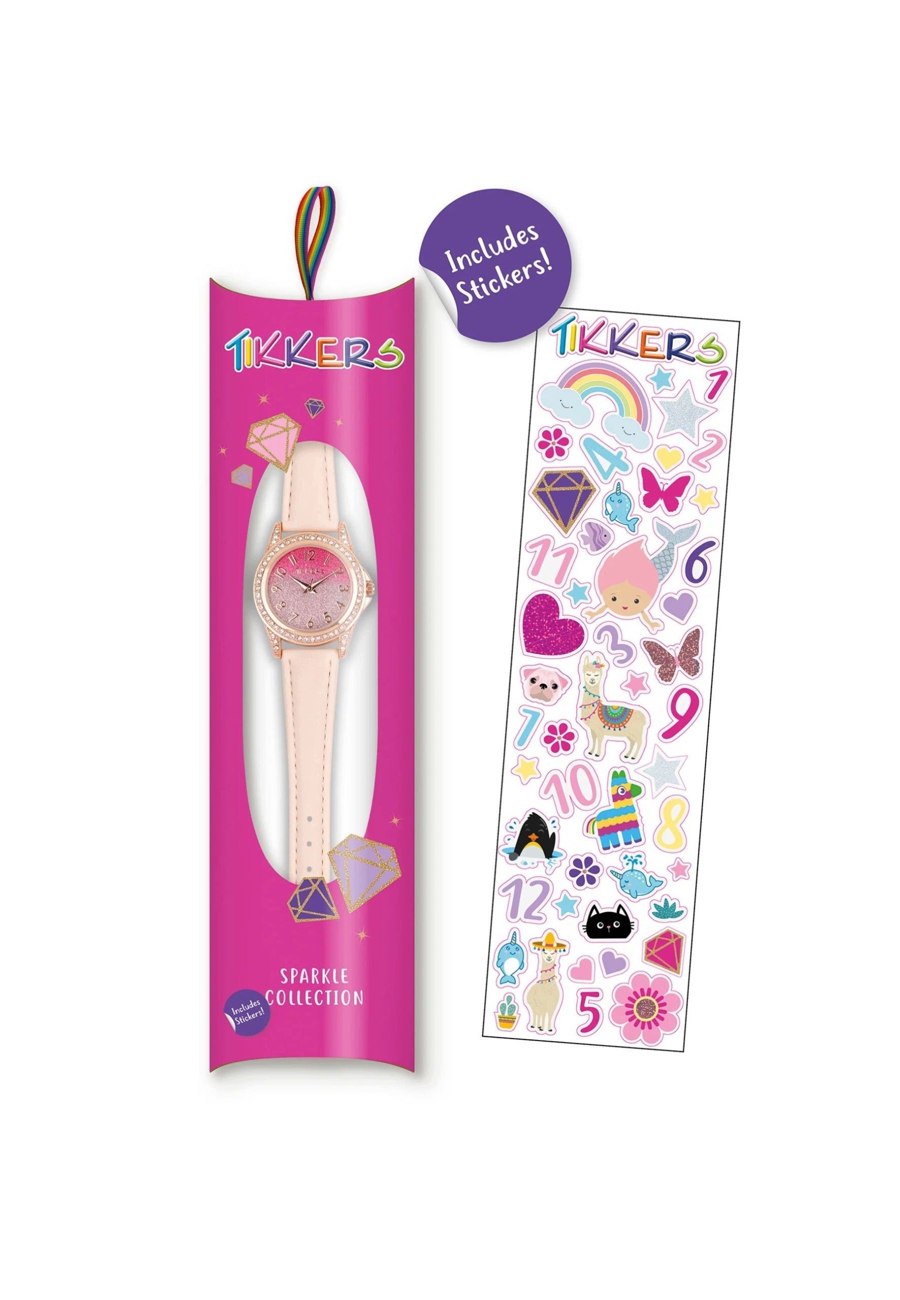 Tikkers Children's Watch Glitter Pink Faux Leather Strap Pink Packaging status original