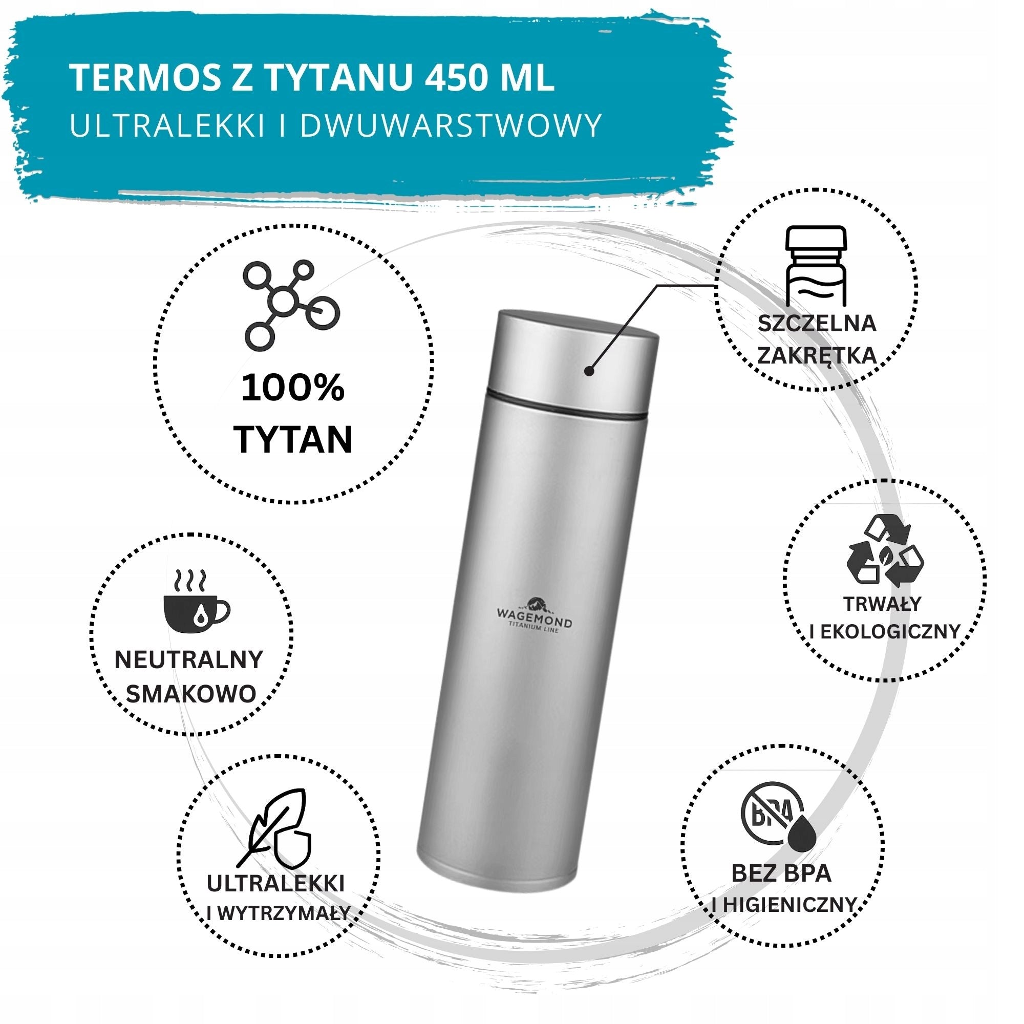 Titanium thermos WAGEMOND 450 ml, ultra-light, double layer, brush Packaging status original