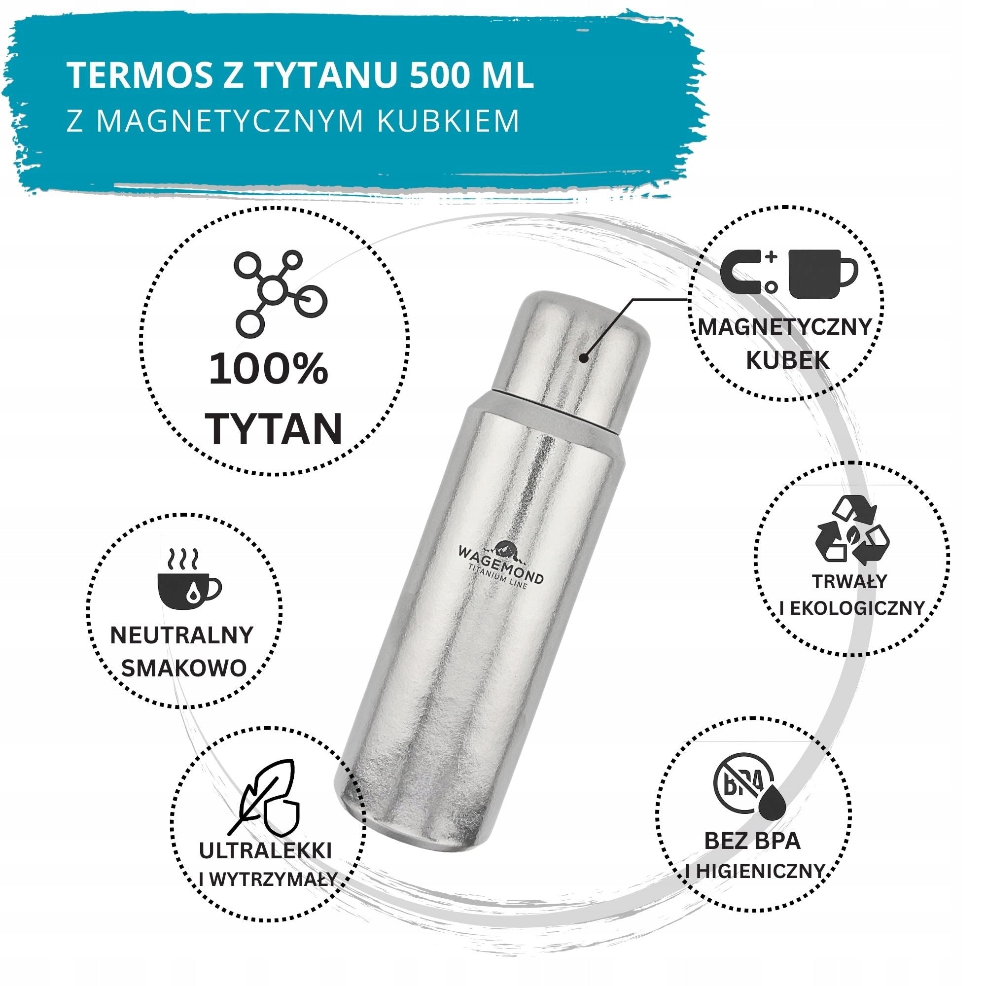 Titanium thermos WAGEMOND 500 ml, double layer, magnetic cup, brush Packaging status original