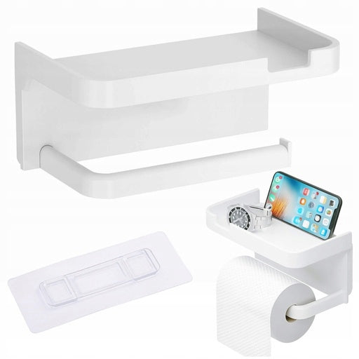 Toilet Paper Hanger Holder with Shelf White Mounting Without Drilling
