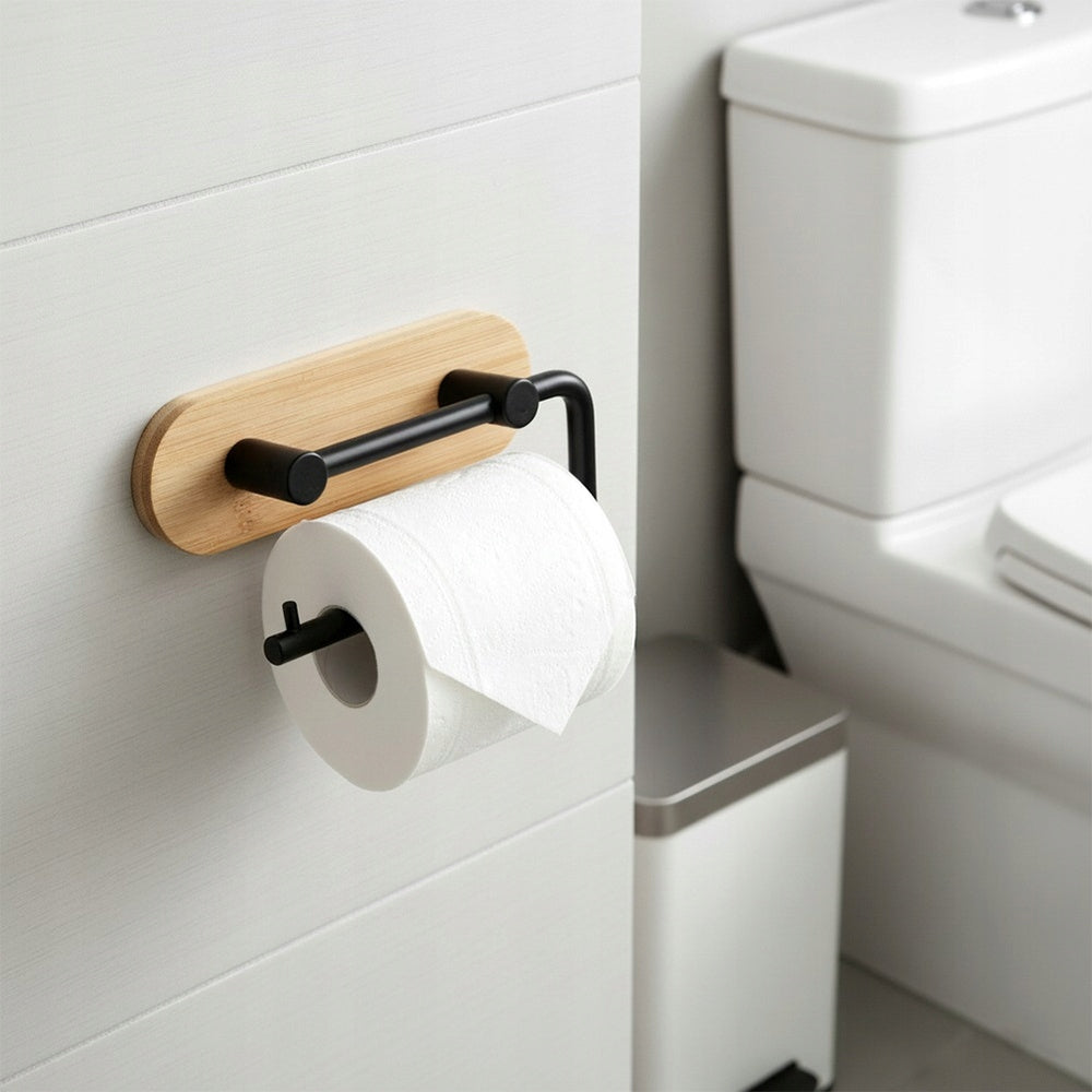 Toilet Paper Holder Self Adhesive Bathroom Hanger Bamboo Metal Packaging status original