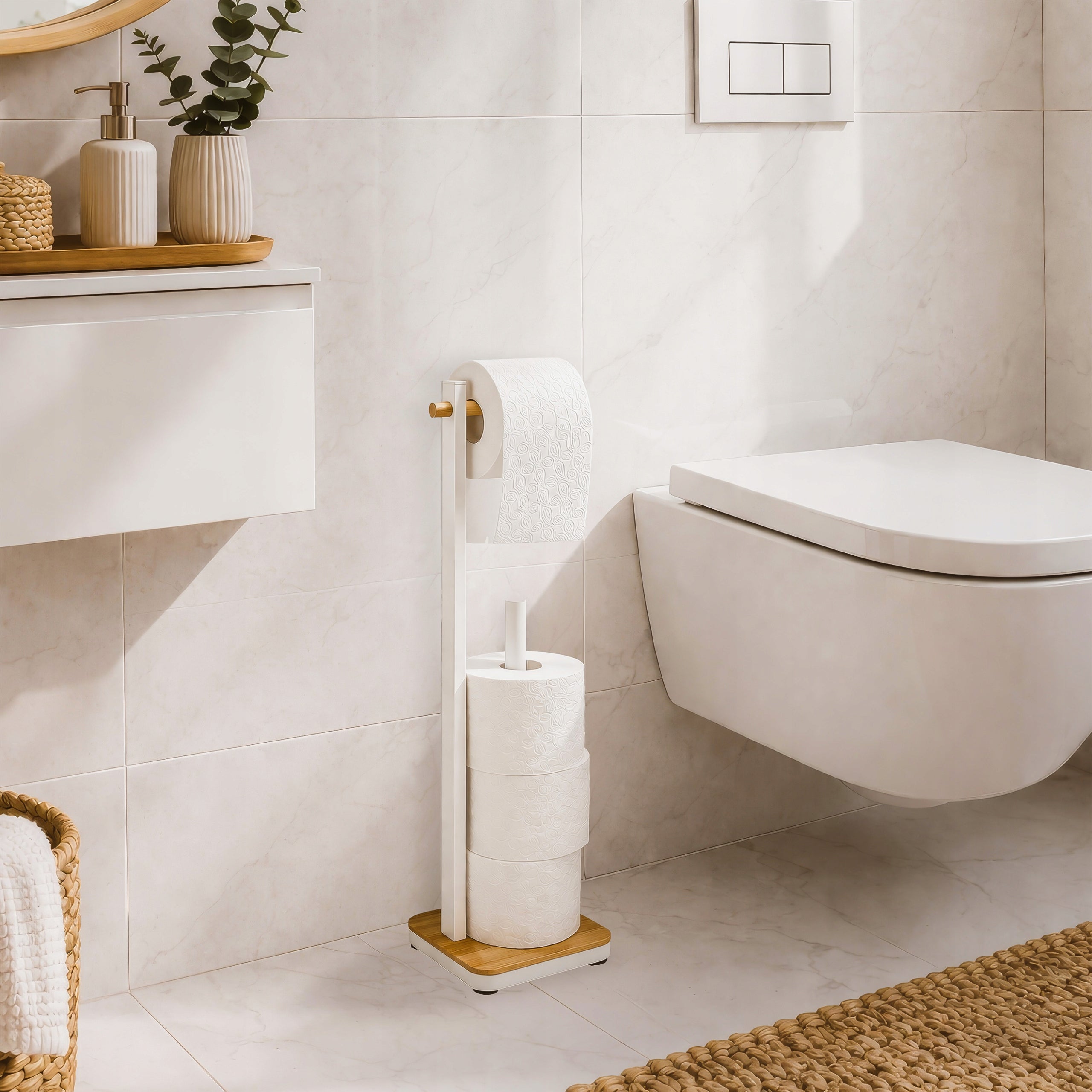 Toilet Paper Holder Stand for Toilet White Bamboo for 4 Rolls Packaging status original