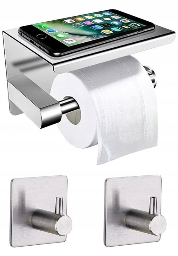 Toilet Paper Holder With Shelf Bathroom Hooks 2 Hangers Silver