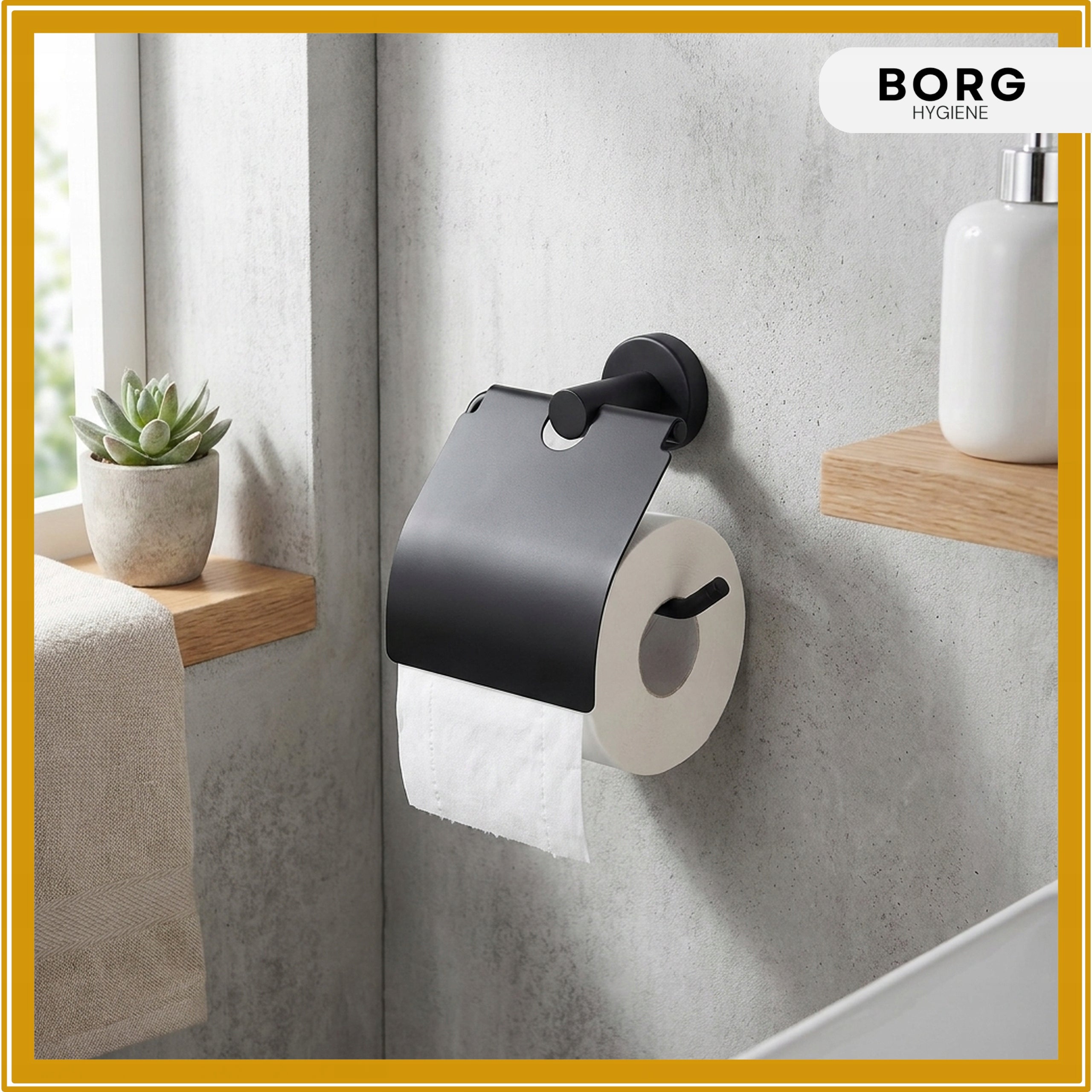 Toilet Paper Holder with Flap Black Stainless Steel BORG Hygiene Packaging status original