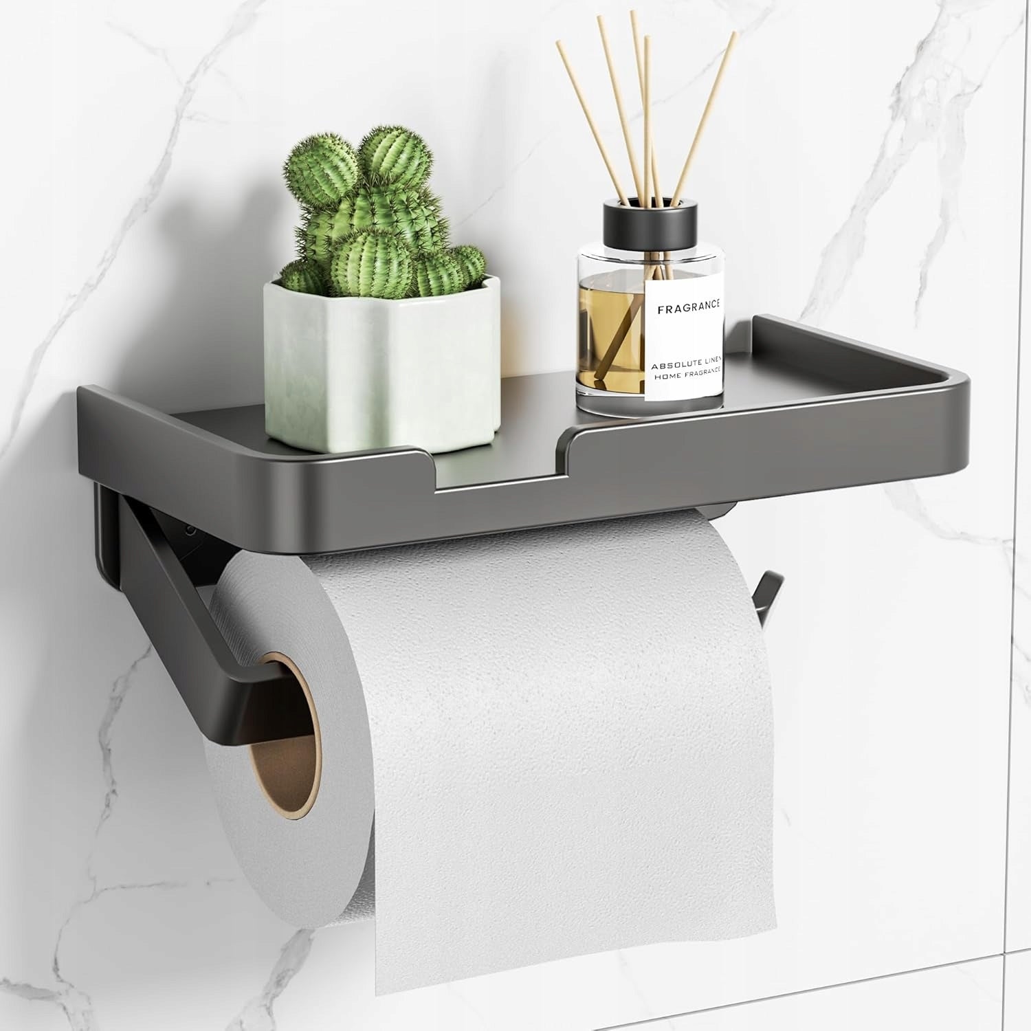 Toilet Paper Holder with Shelf Black Mat Aluminum Without Drilling Loft