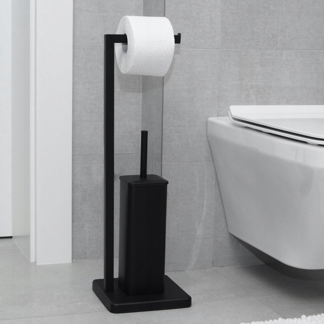 Toilet Paper Stand Toilet Brush 2in1 Handle Black Bathroom Mat Packaging status original