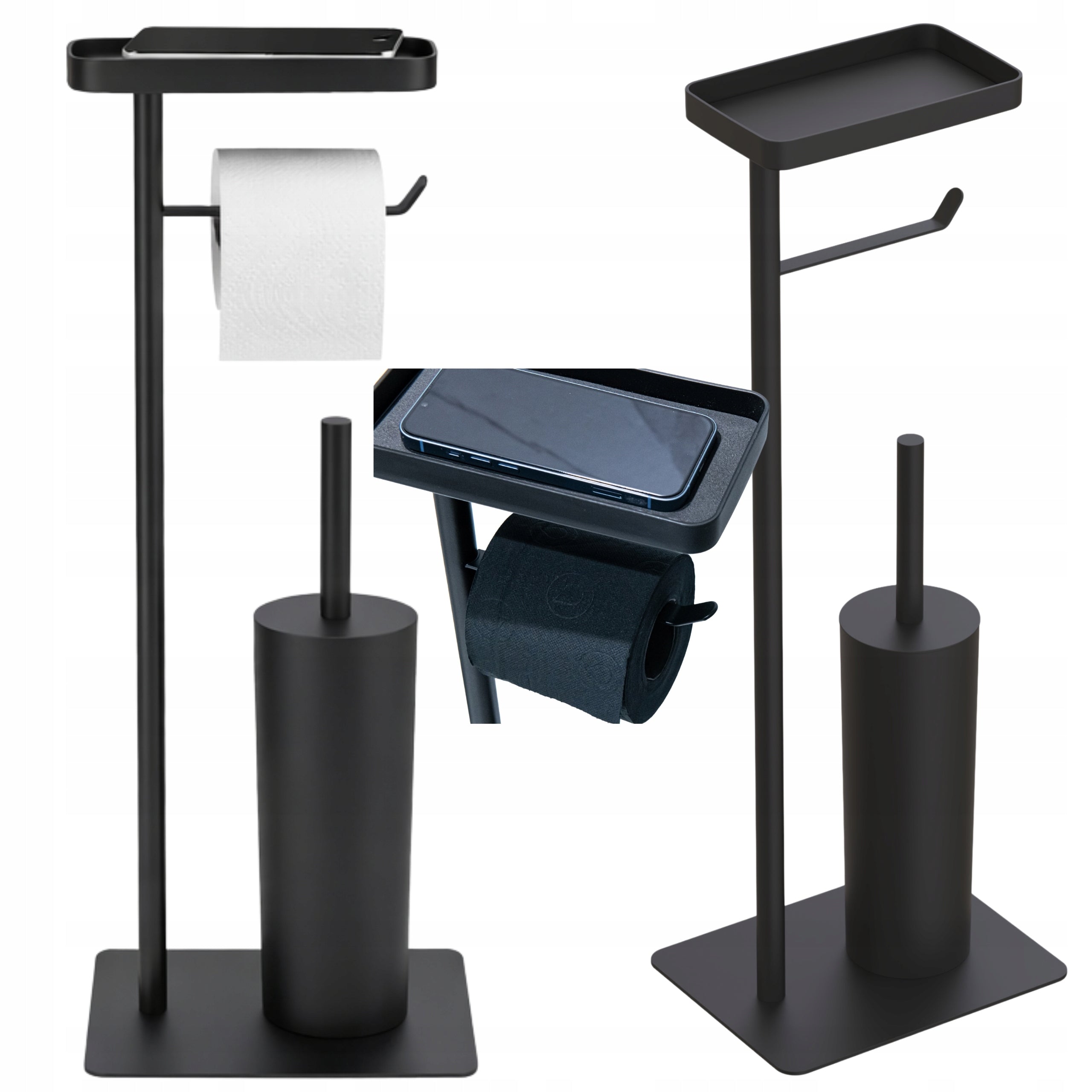 Toilet Paper Stand with Phone Shelf and Toilet Brush Black Loft