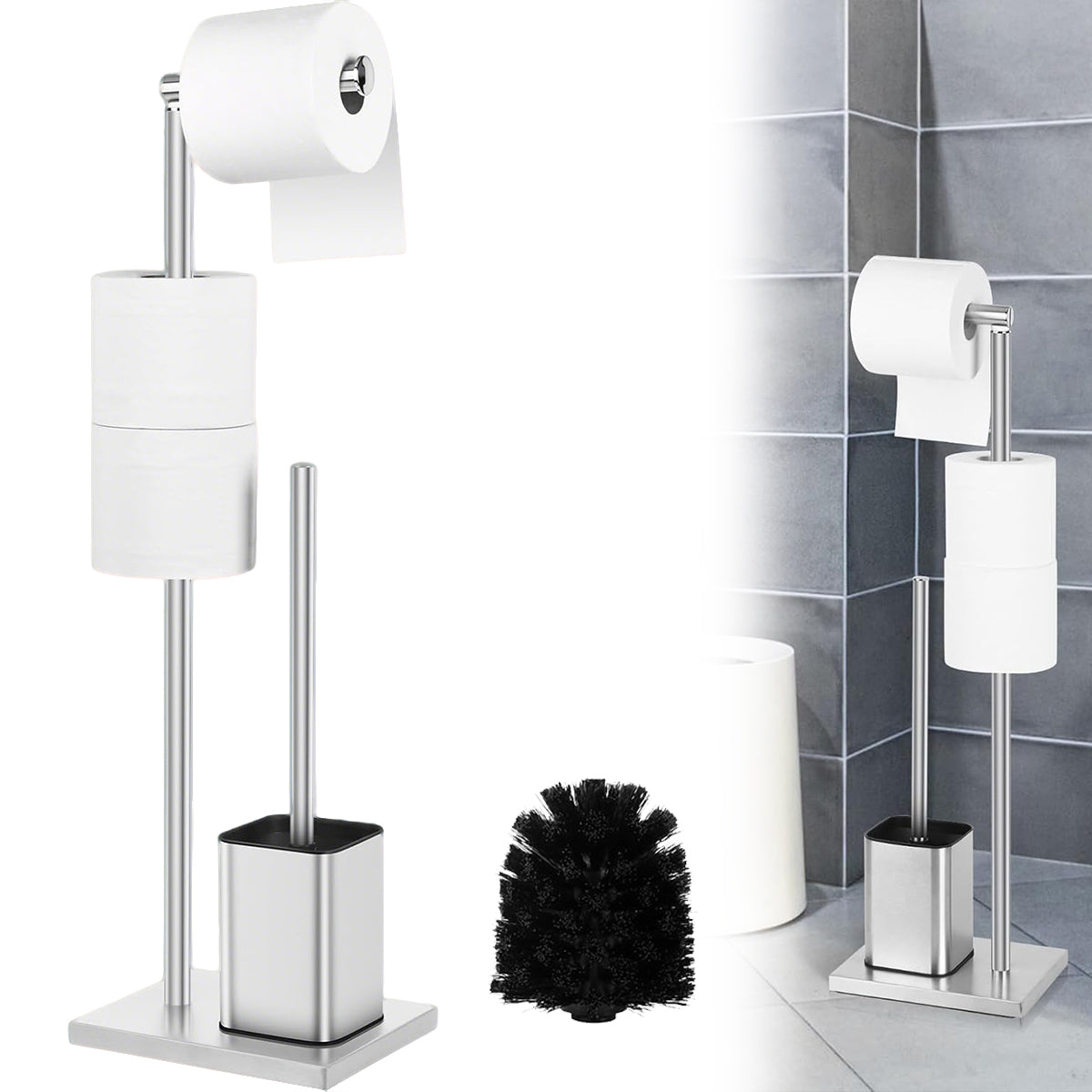 Toilet paper stand with handle and toilet brush stainless steel