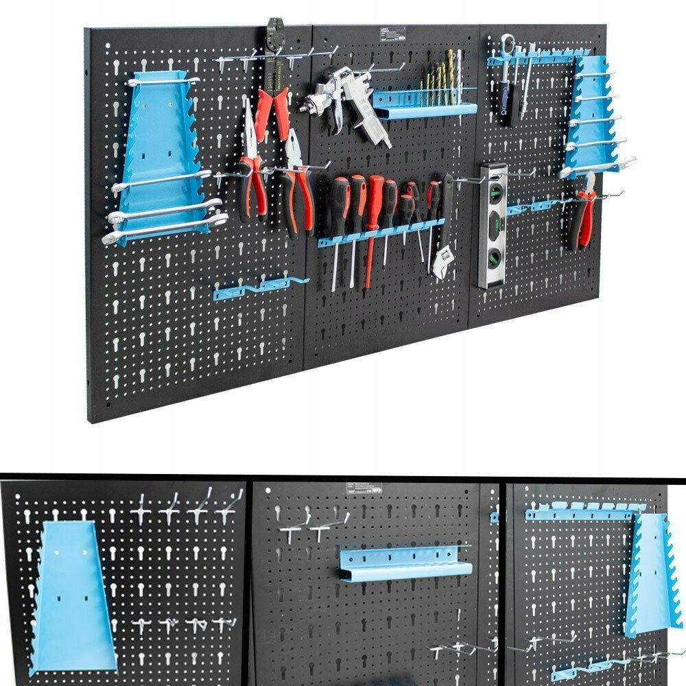 Tool board wall for workshop for tools with hooks 3 panels
