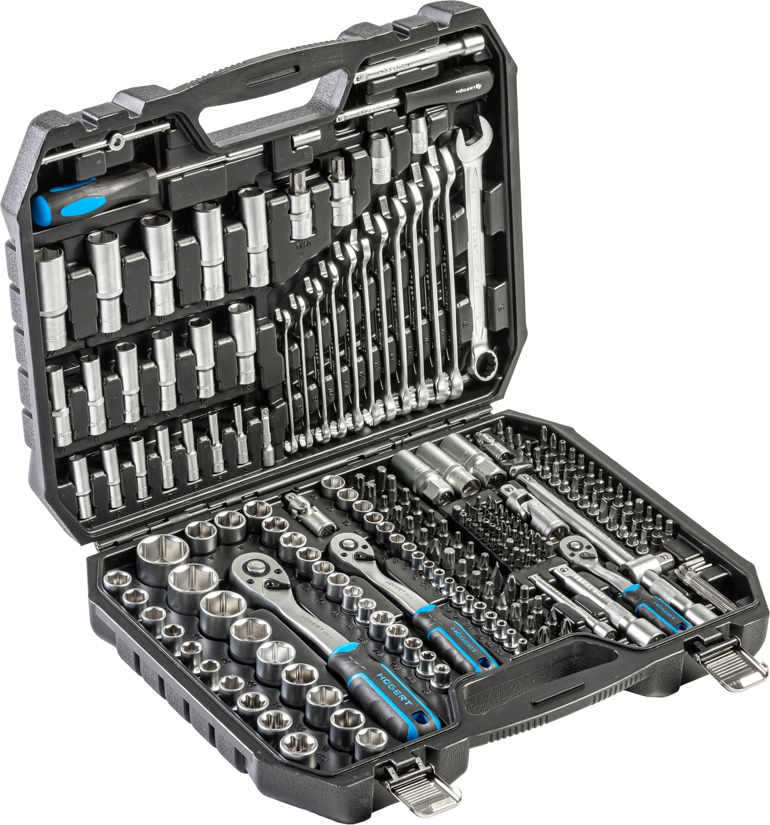 Tool kit 222 elements, CrV, ratchets 72T CrMo, Hoegert Technik