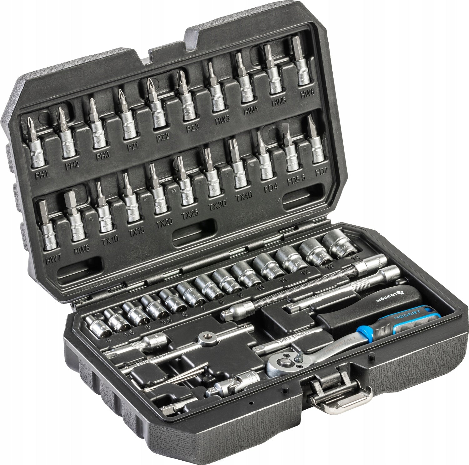 Tool kit 46 elements, CrV, 1/4" CrMo ratchet, Hoegert Technik