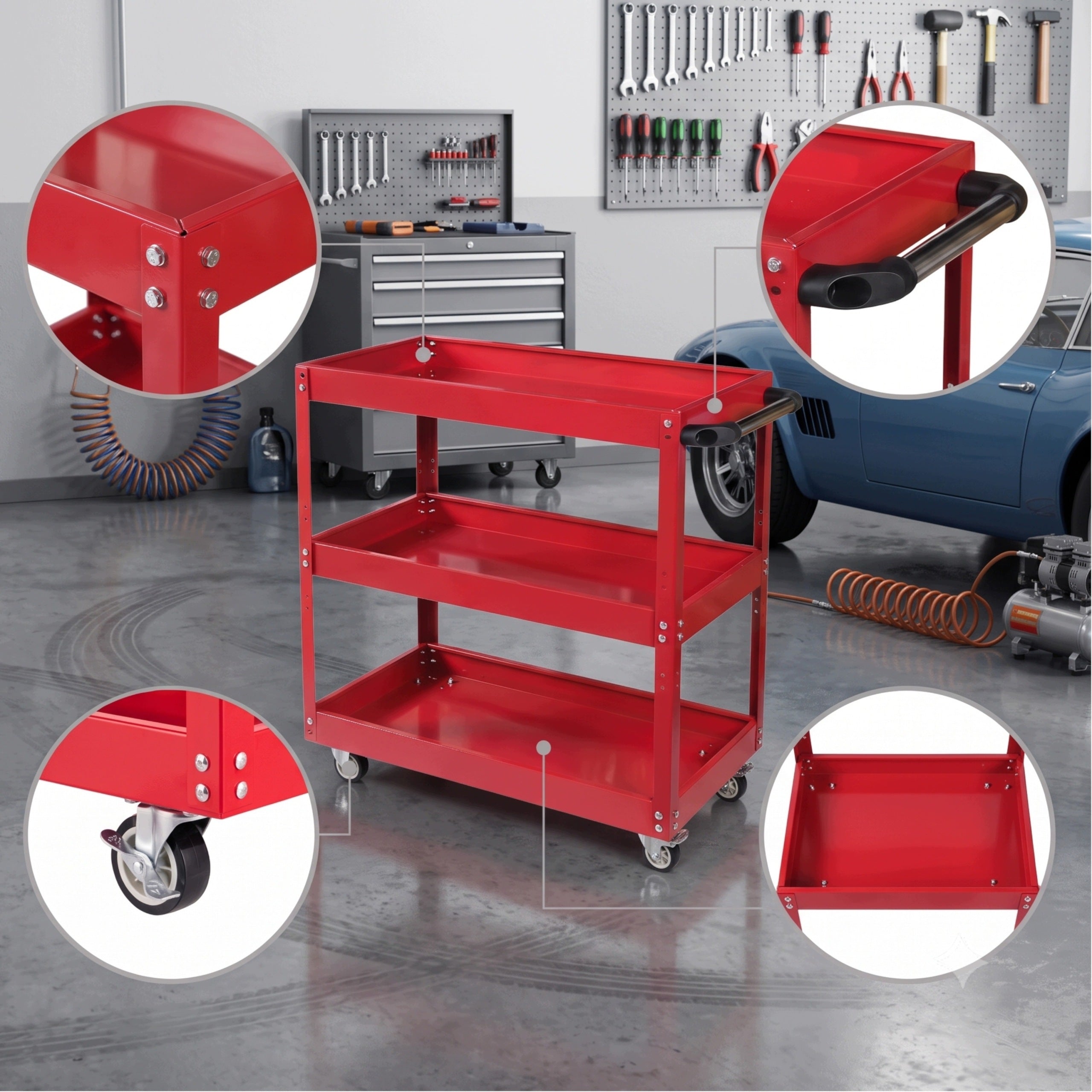 Tool workshop trolley assembly service 3 shelves wheels max 100 kg Product height 72 cm