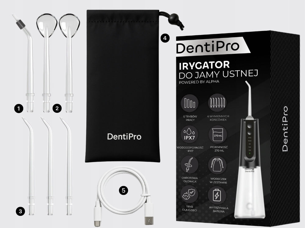 Tooth Irrigator DentiPro 5 Modes + 6 Nozzles - Wireless and Dental Manufacturer code SWF-04