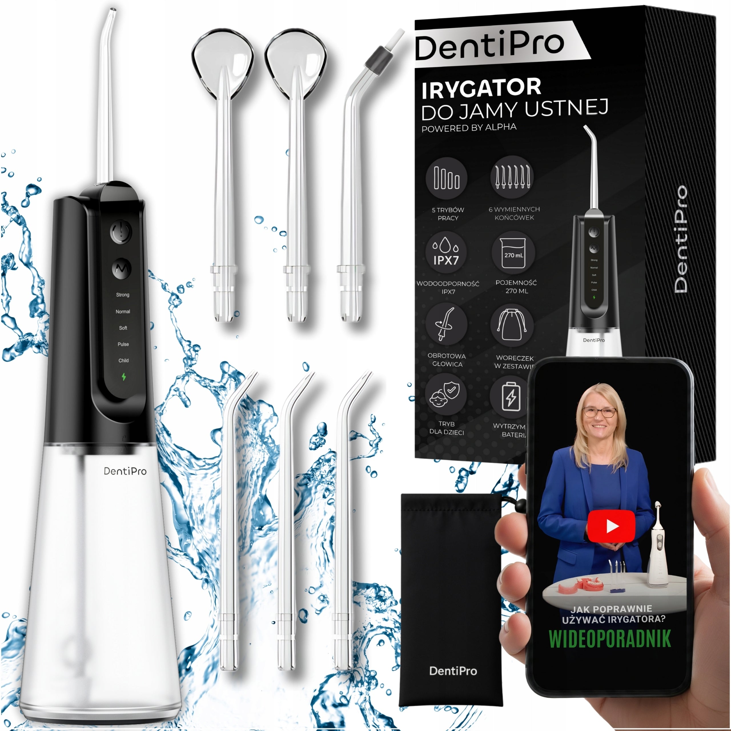 Tooth Irrigator DentiPro 5 Modes + 6 Nozzles - Wireless and Dental