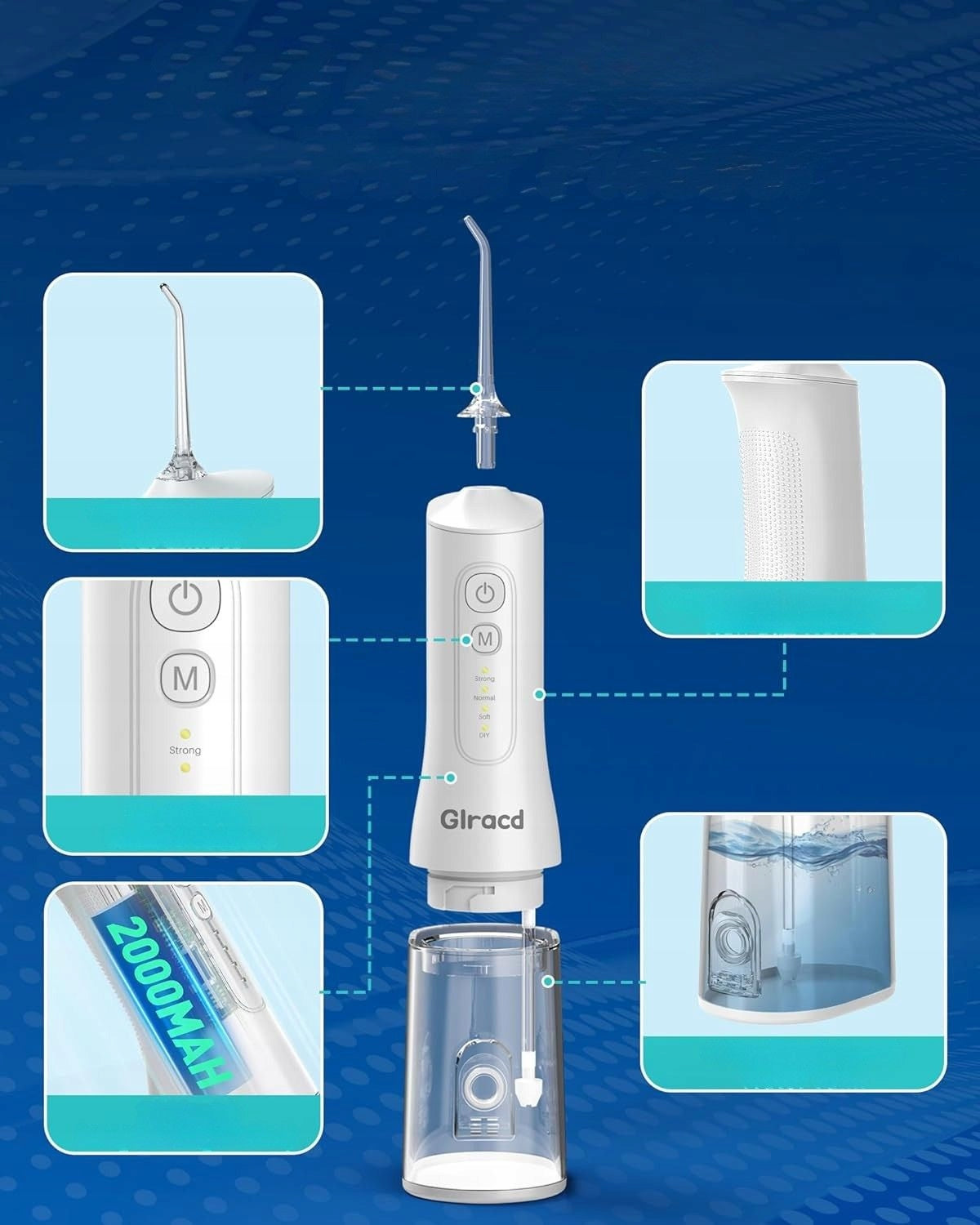 Tooth Irrigator Glracd Wireless IPX7 6 Tips 300ml Manufacturer code Irygator do zębów Glracd Bezprzewodowy IPX7