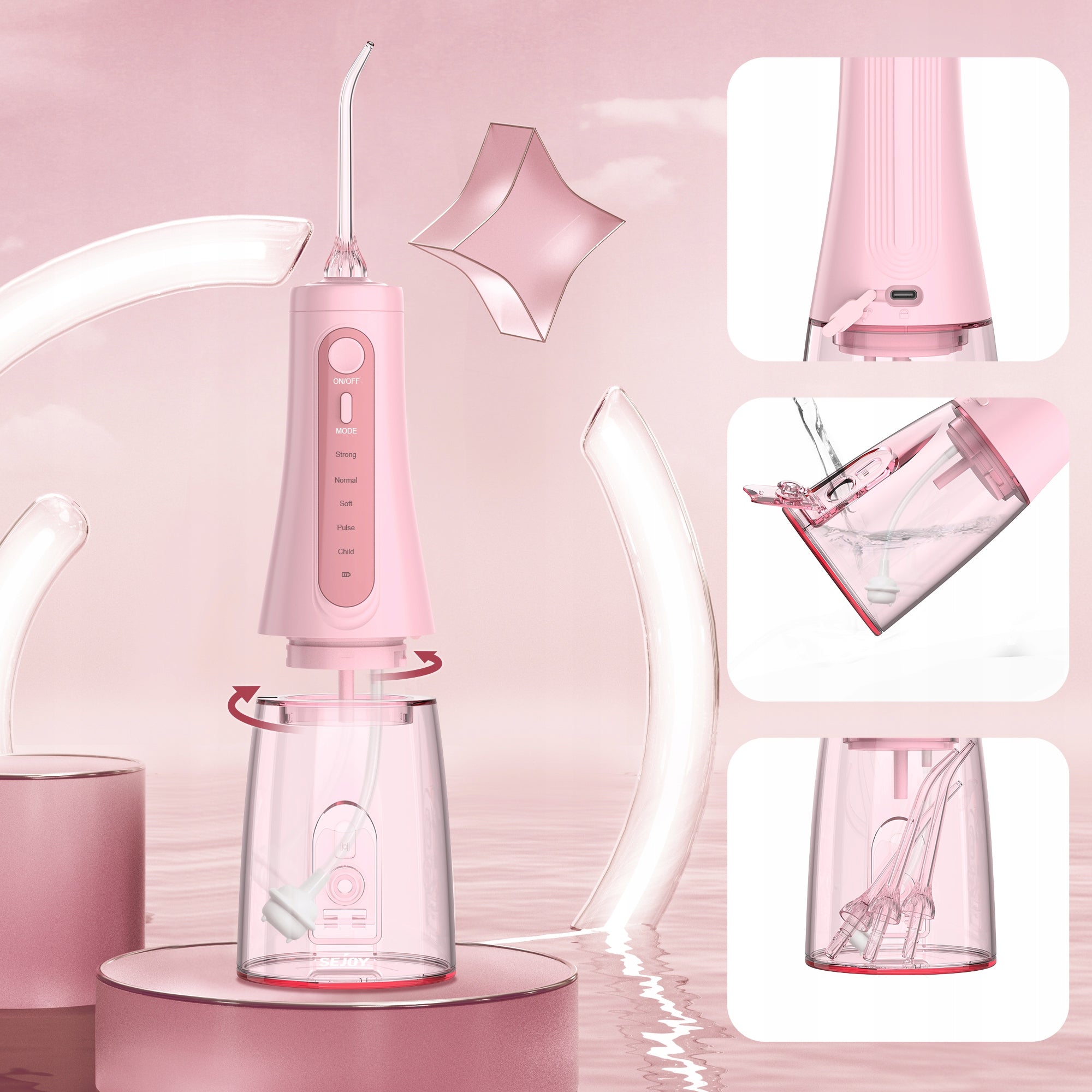 Tooth Irrigator Wireless Charging USB 5 MODES/6 NOZZLES 350ML PINK Manufacturer code CYQ-AOW11-PIN