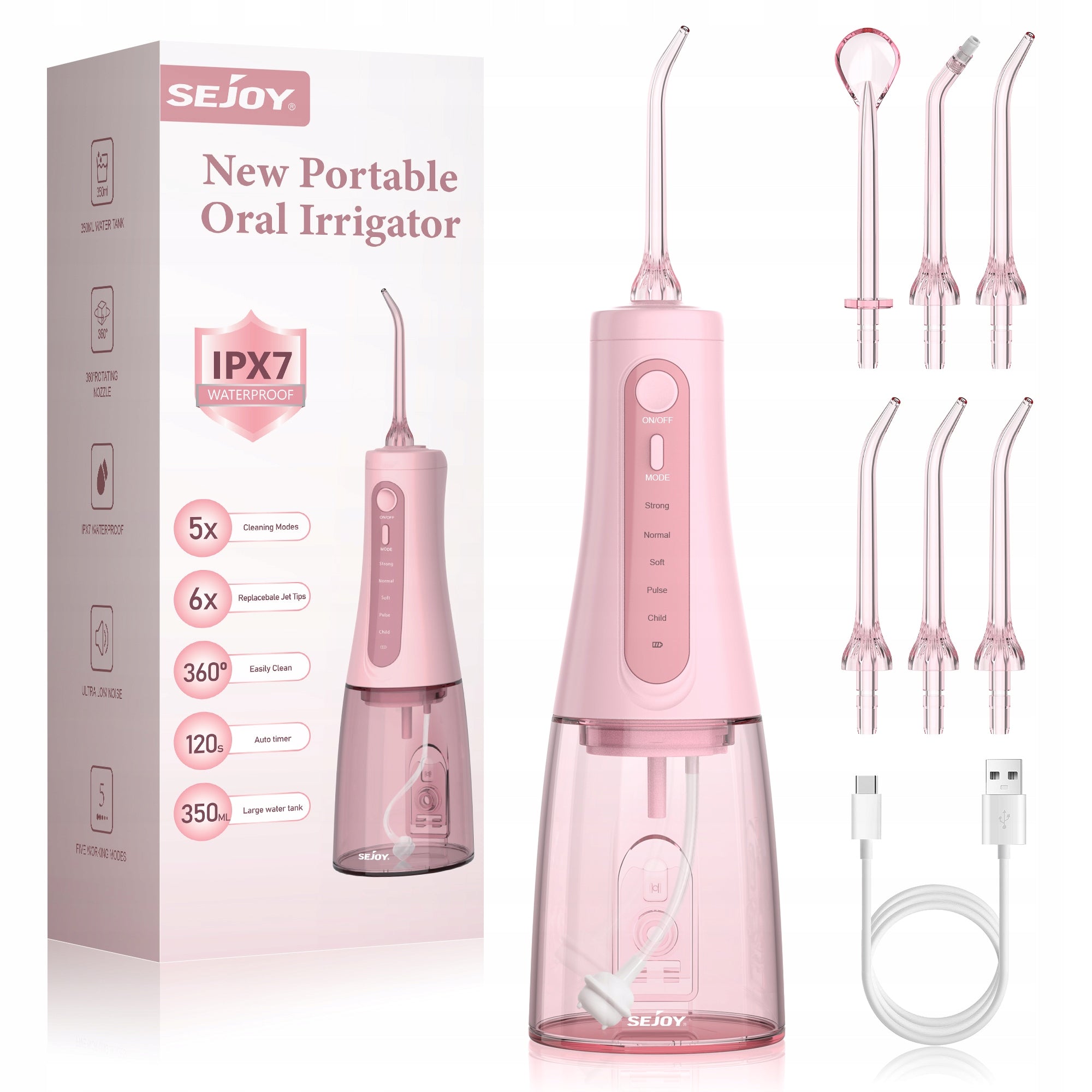 Tooth Irrigator Wireless Charging USB 5 MODES/6 NOZZLES 350ML PINK