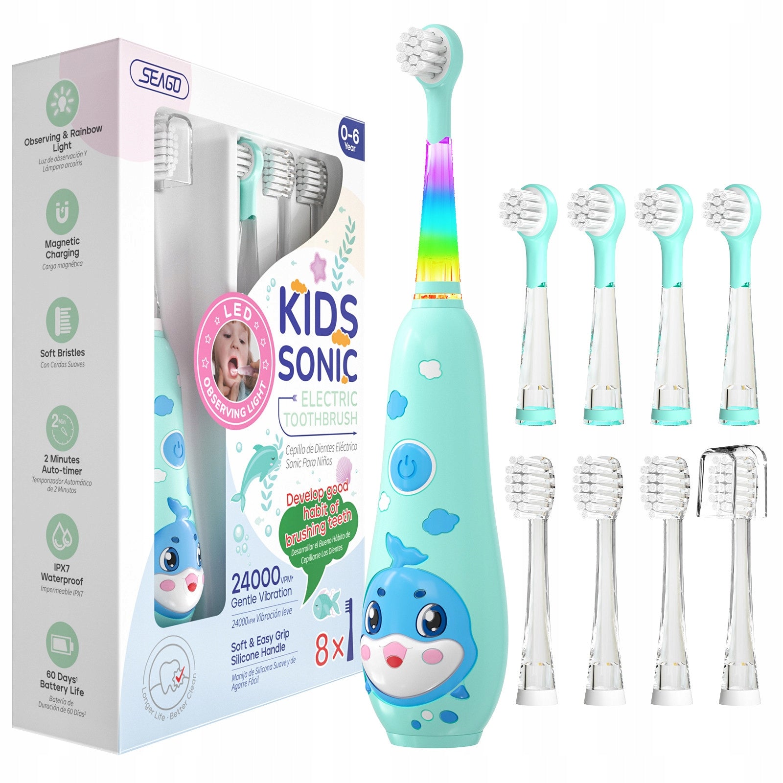 Toothbrush Seago sonic cordless for children 8 tips