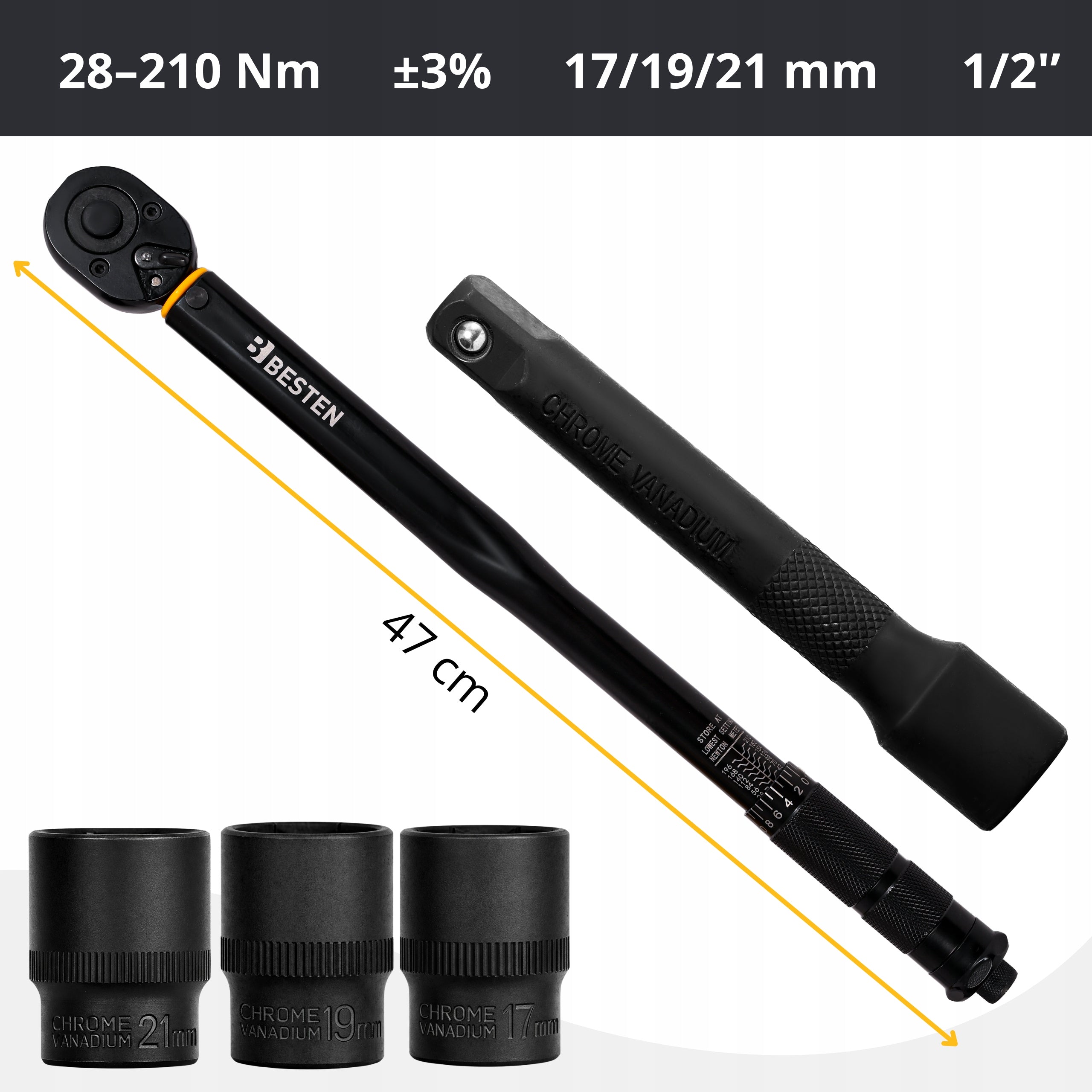 Torque Wrench For Wheels 1/2 28-210Nm + 3 Caps 17,19,21mm CrMO&Crv Manufacturer code BE0002878