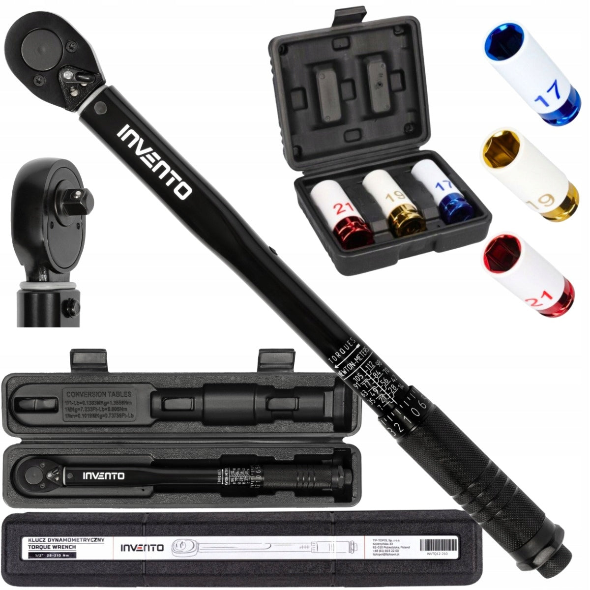 Torque wrench for 1/2" wheels 28-210 Nm + impact caps INVENTO