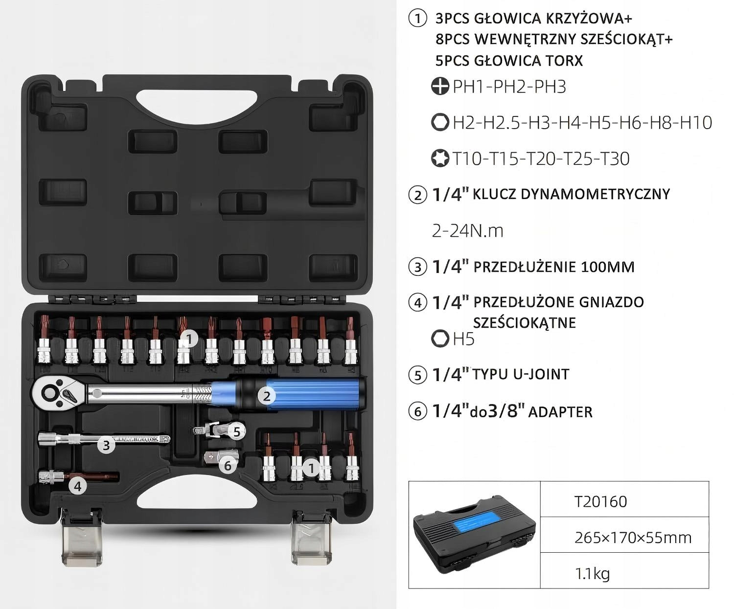 Torque wrench for bicycles 21 pieces 1/4" 2-24nm strong steel Manufacturer code Official-PolMart klucz dynamometryczny 21 szt