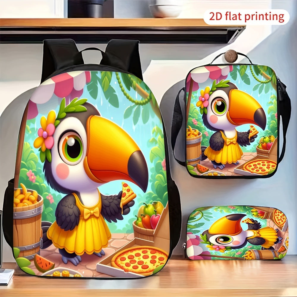 Toucan Pizza Print Backpack Set with Lunch Bag